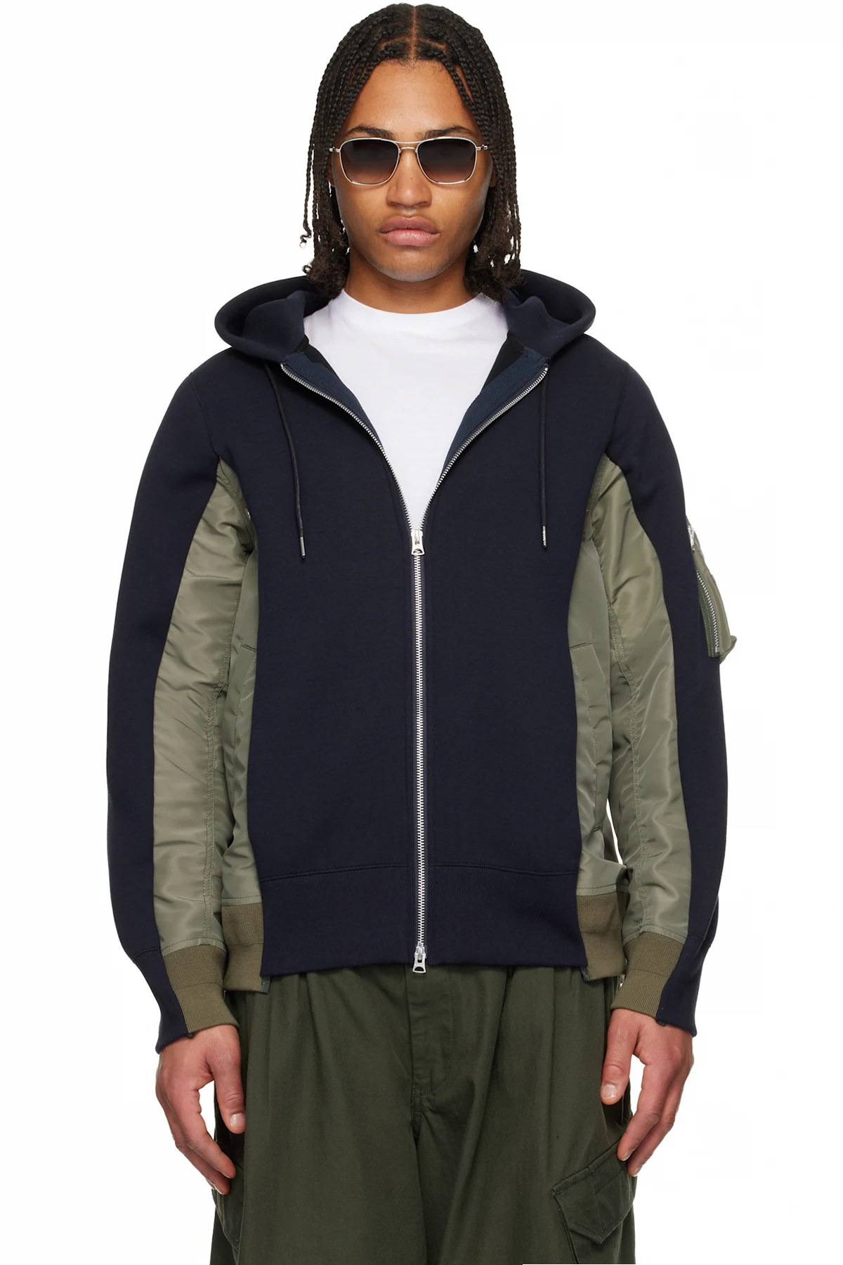 Navy & Khaki Sponge Sweat & Nylon Twill Hoodie