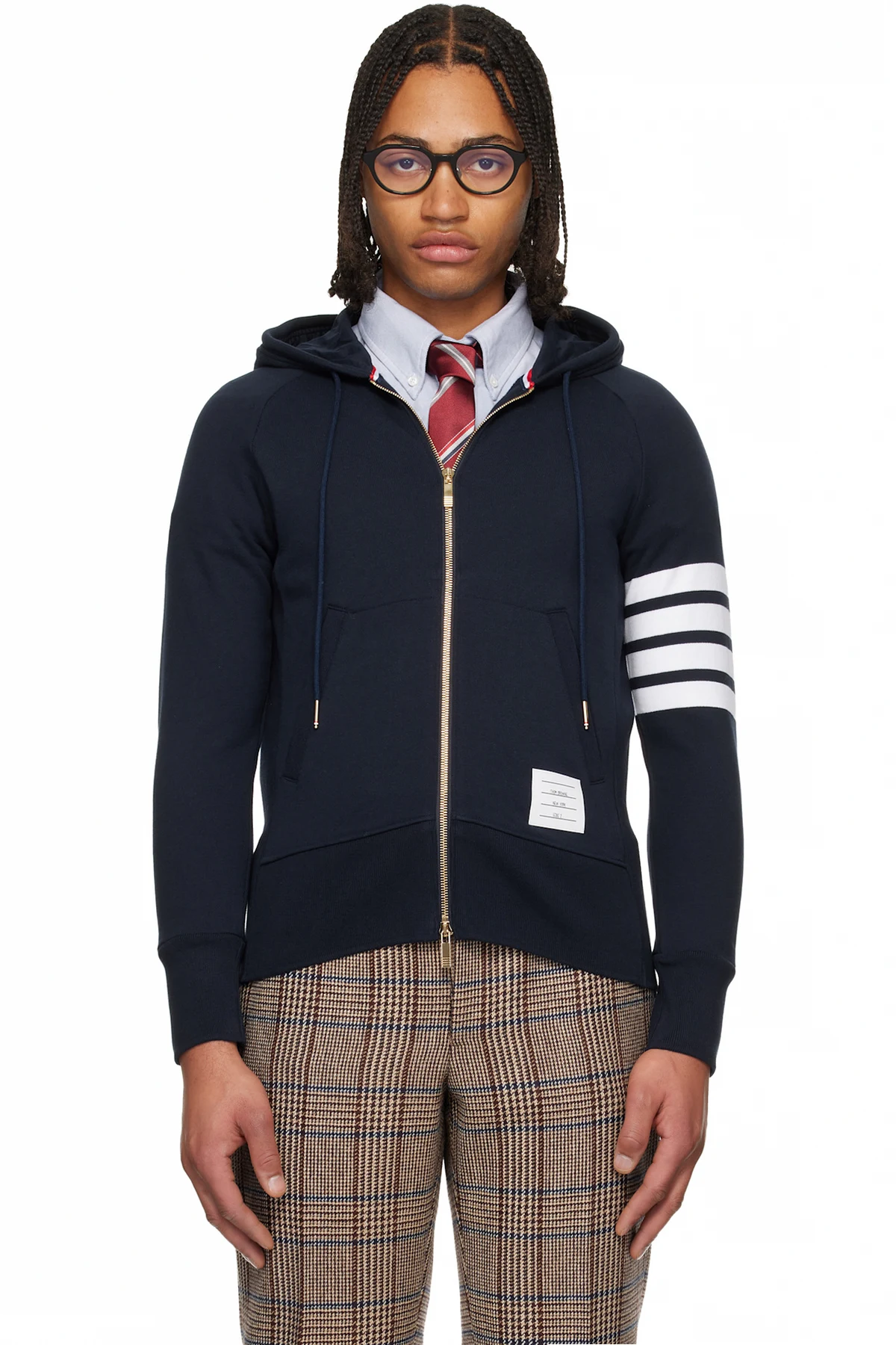 Navy Classic Loopback 4-Bar Full Zip Hoodie