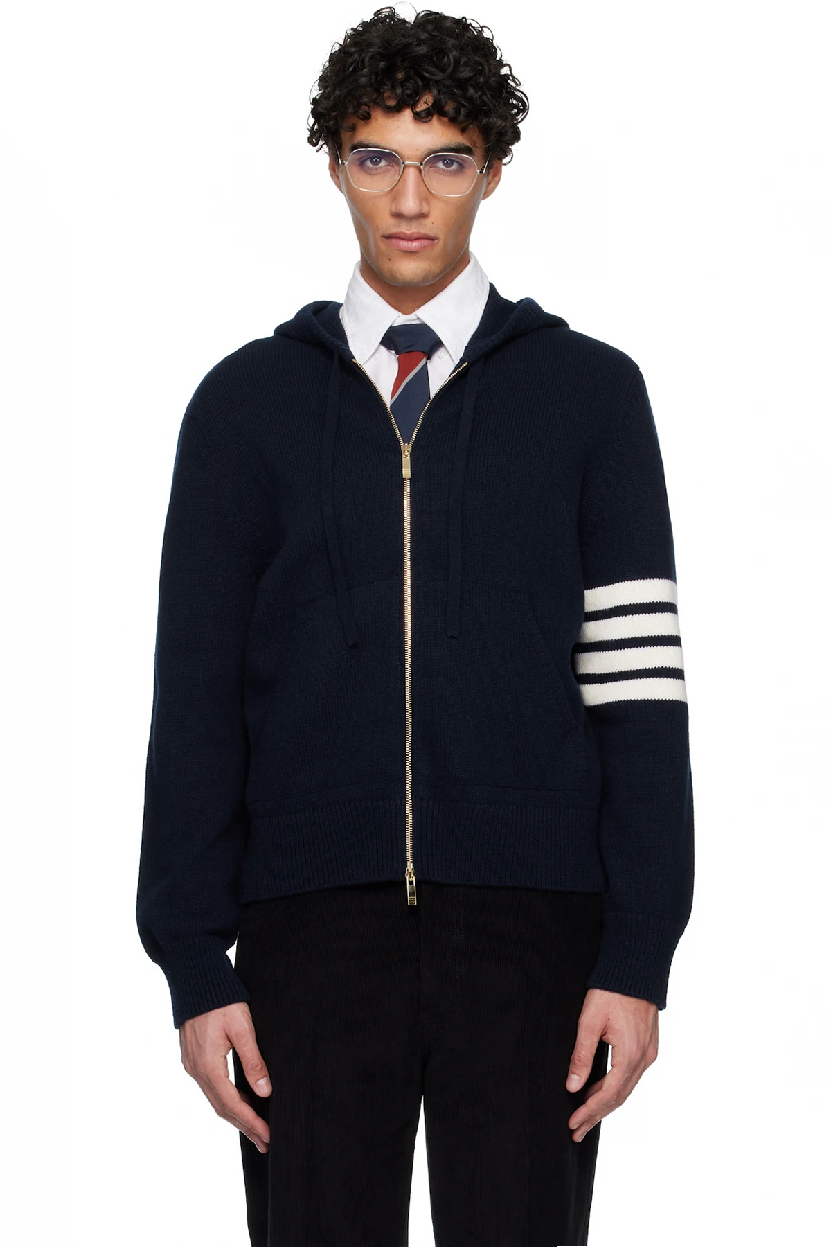 Navy Intarsia Zip Up 4-Bar Hoodie