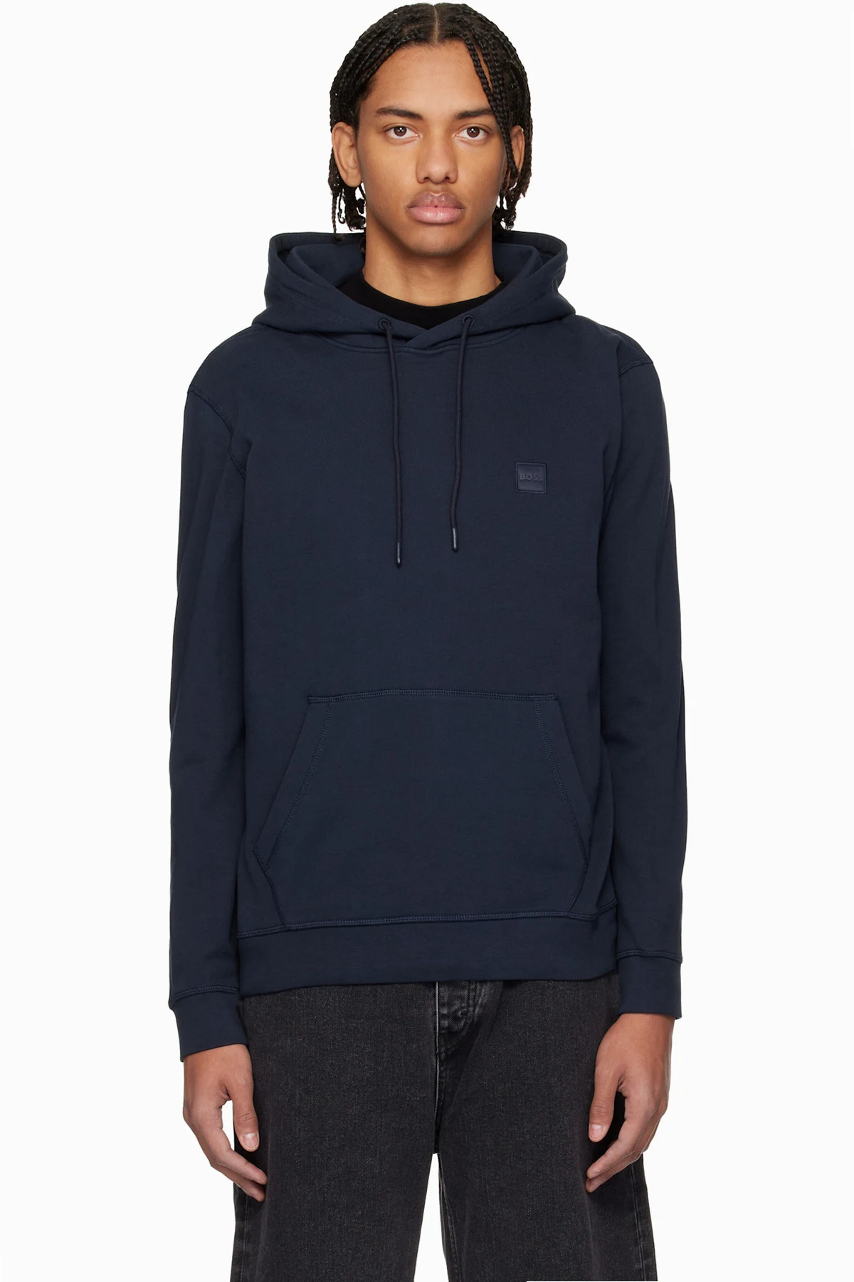 Navy Cotton Terry Logo-Patch Hoodie