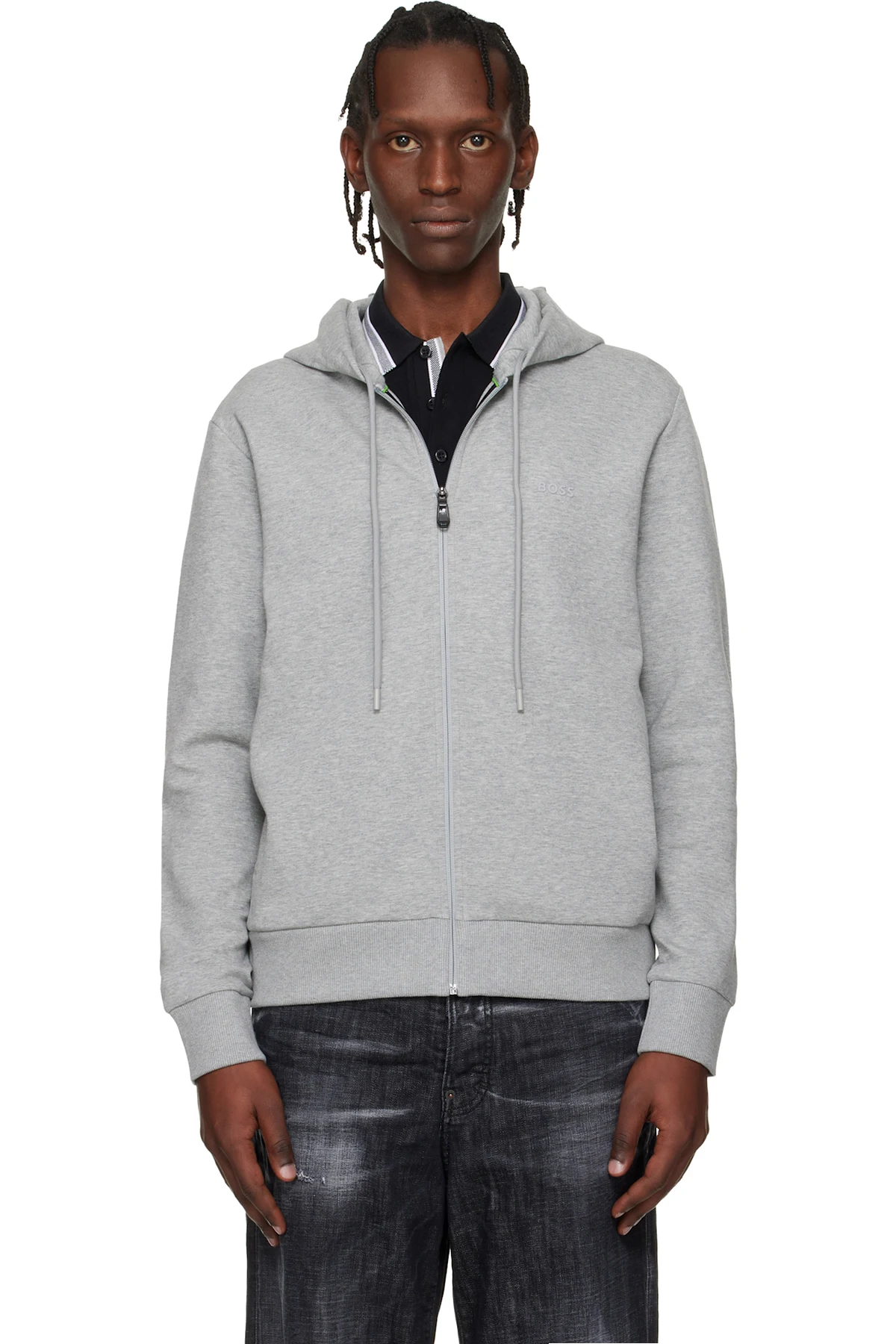 Gray Stretch Cotton Logo Detail Zip-Up Hoodie