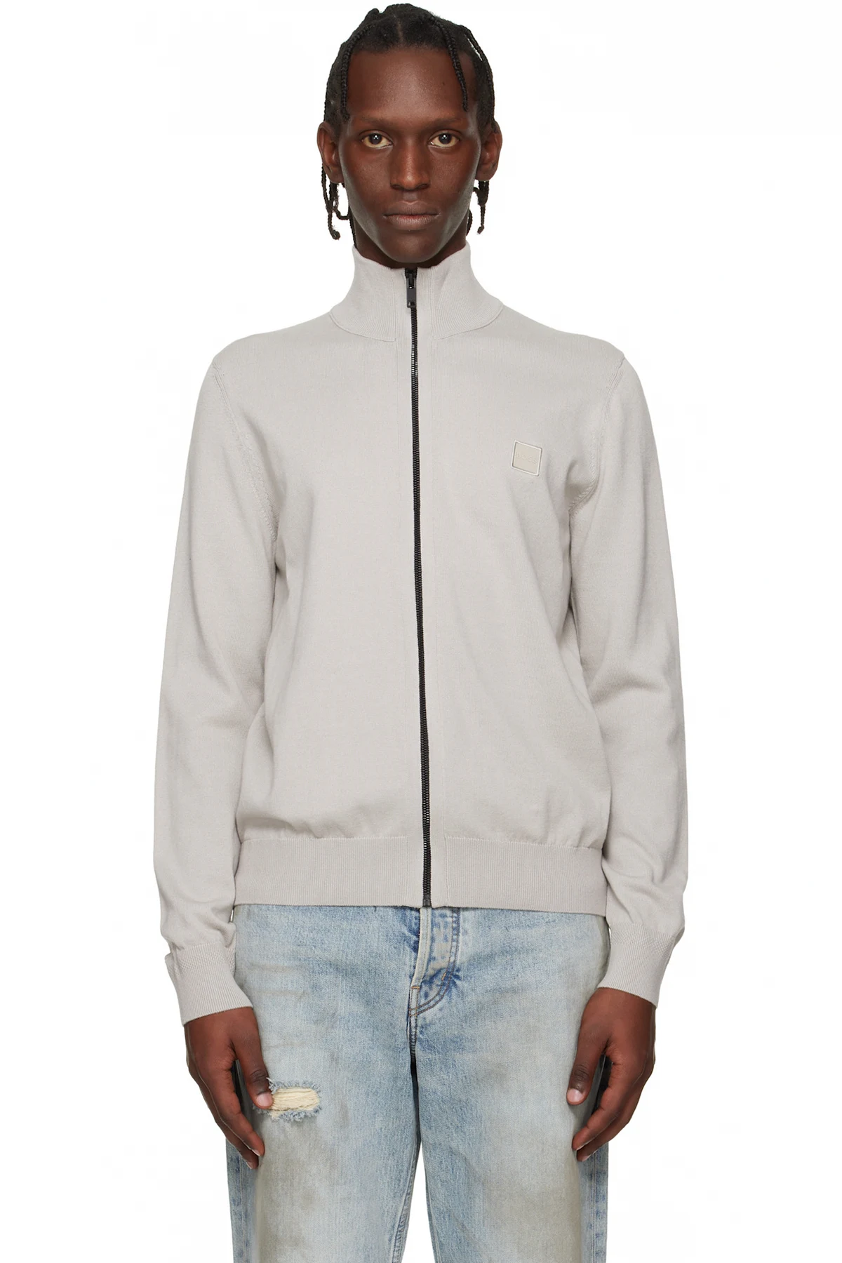 Gray Cotton Cashmere Knitted Logo Patch Sweatshirt