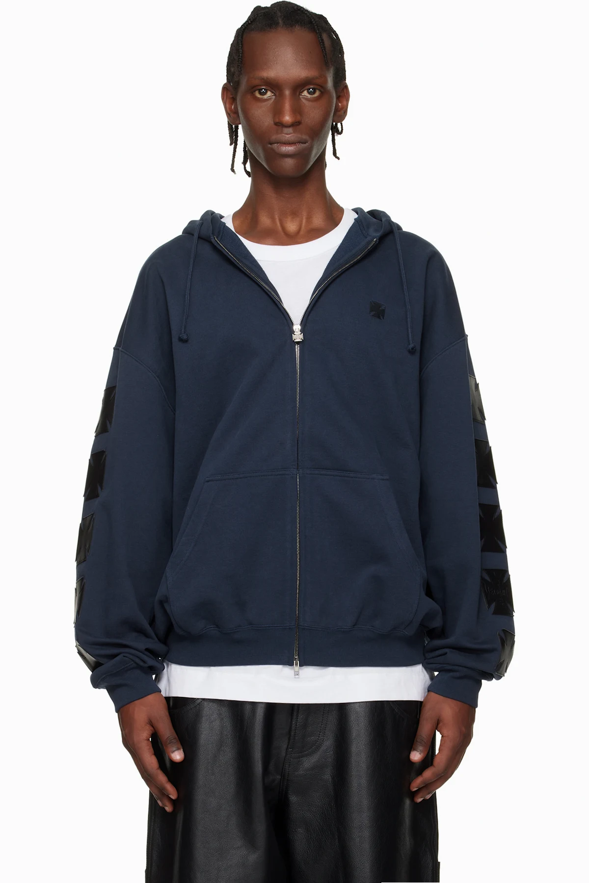 Navy Leather Biker Crosses Zip-Up Hoodie