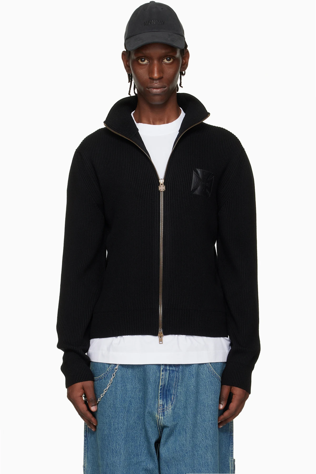 Black Leather Cross Zip-Up Sweater