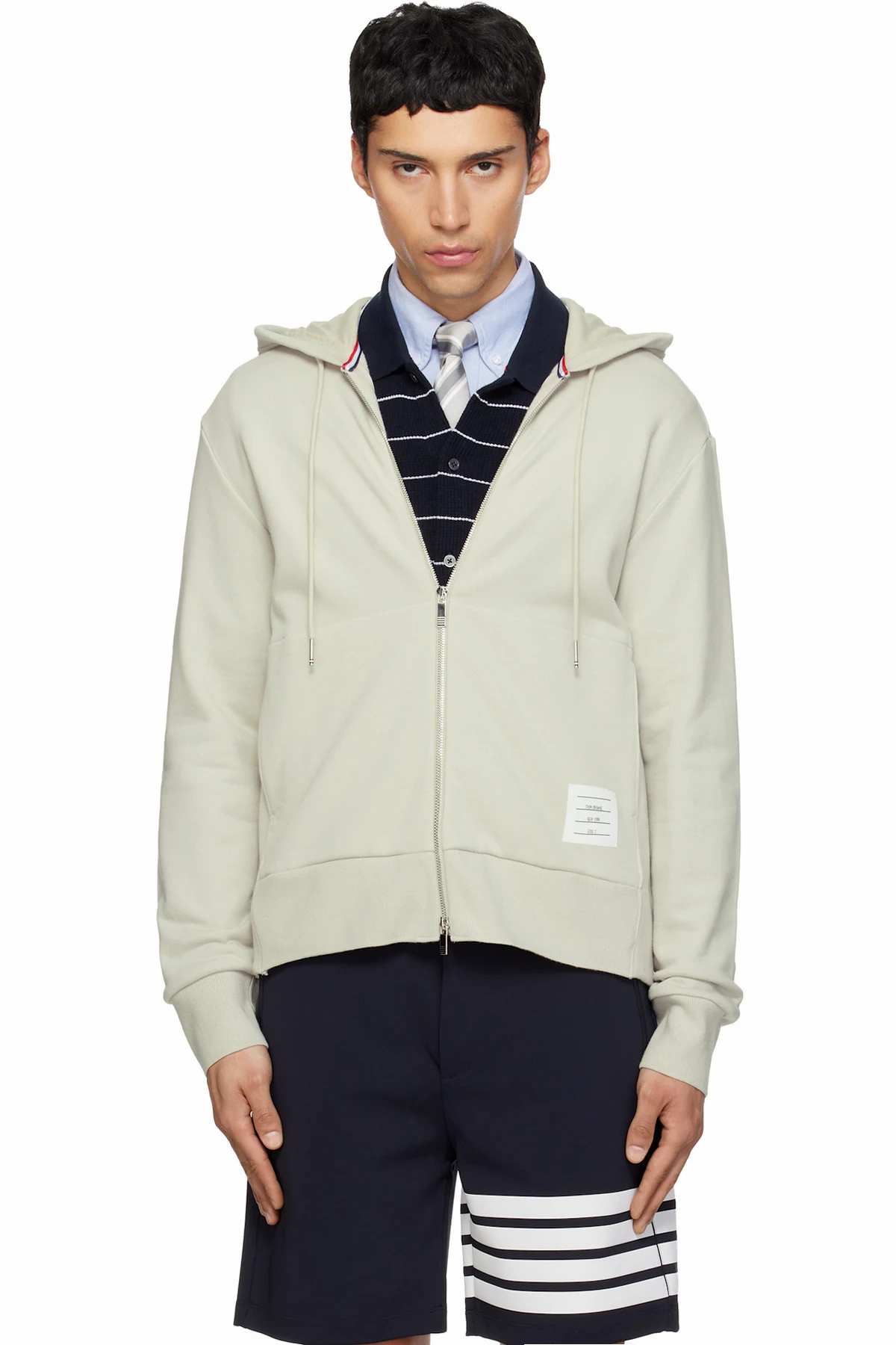 Beige Loopback Jersey 4-Bar Zip Up Hoodie