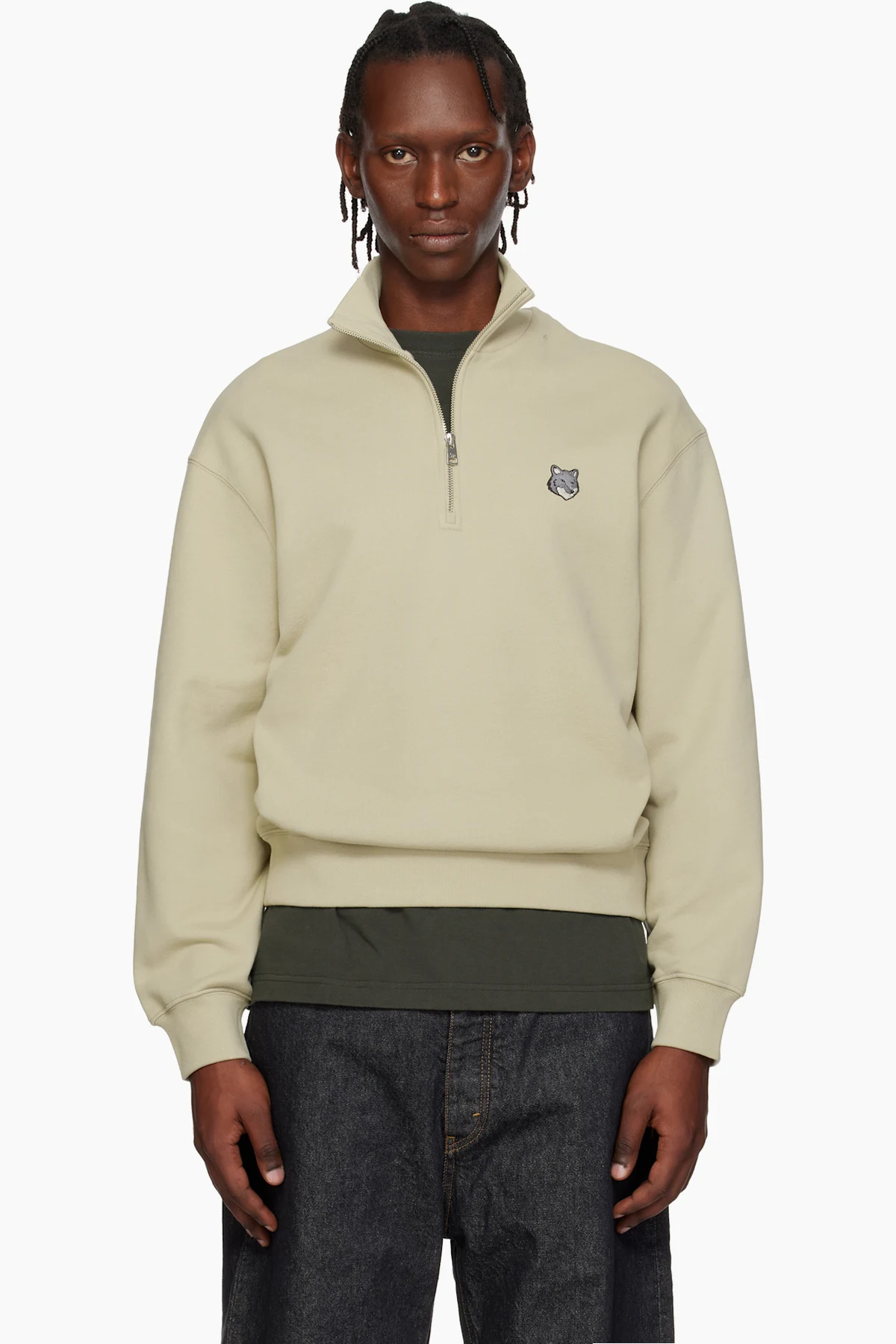Beige Fox Head Comfort Half Zip Sweatshirt