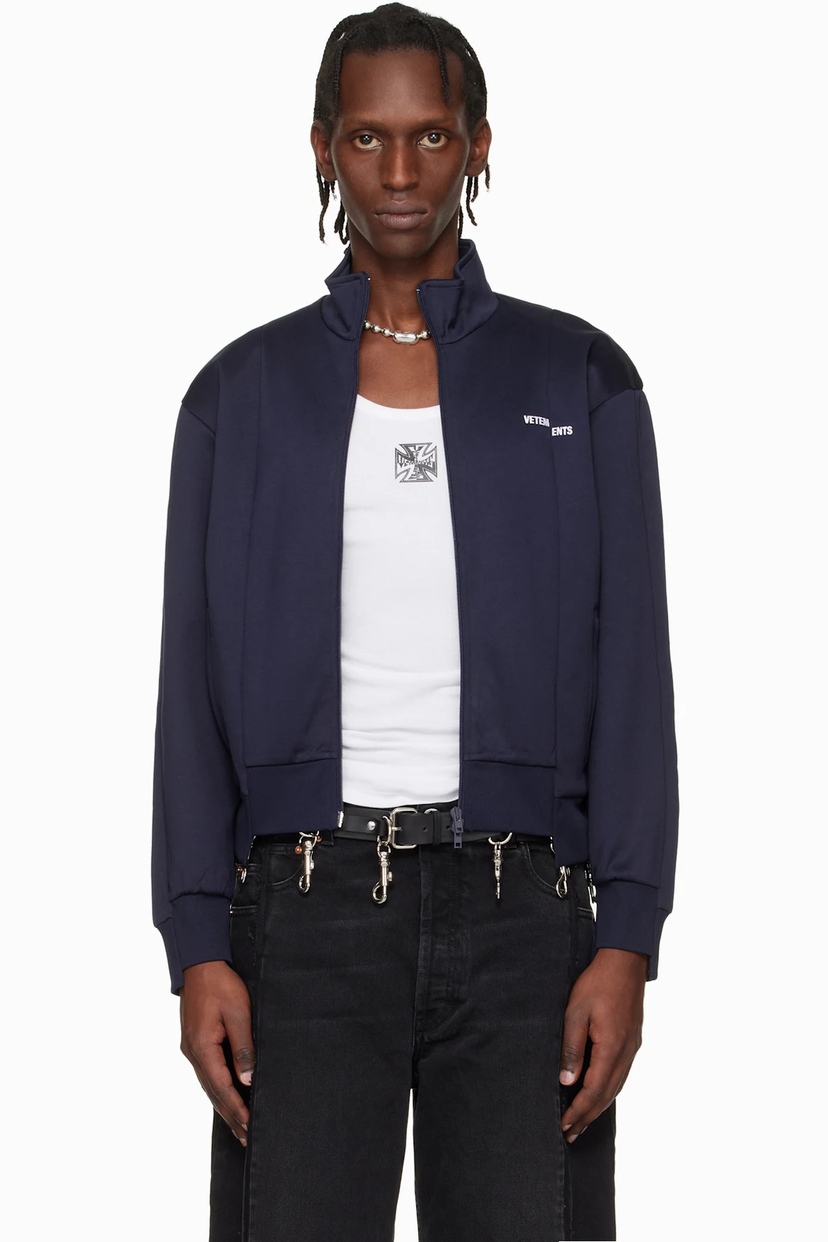 Navy Cut-Up Athletic Zip-Up Track Jacket