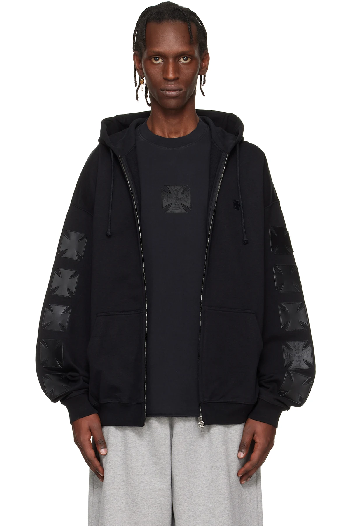 Black Leather Biker Cross Zip-Up Hoodie