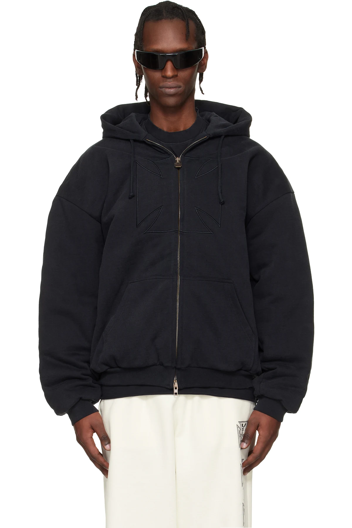 Black Embroidered Cross Padded Zip-Up Hoodie