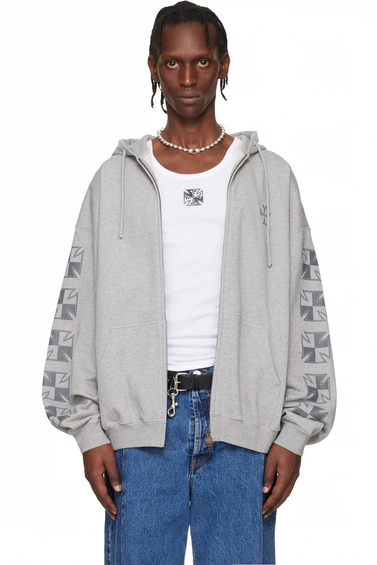 Gray Biker Cross Sleeves Zip-Up Hoodie