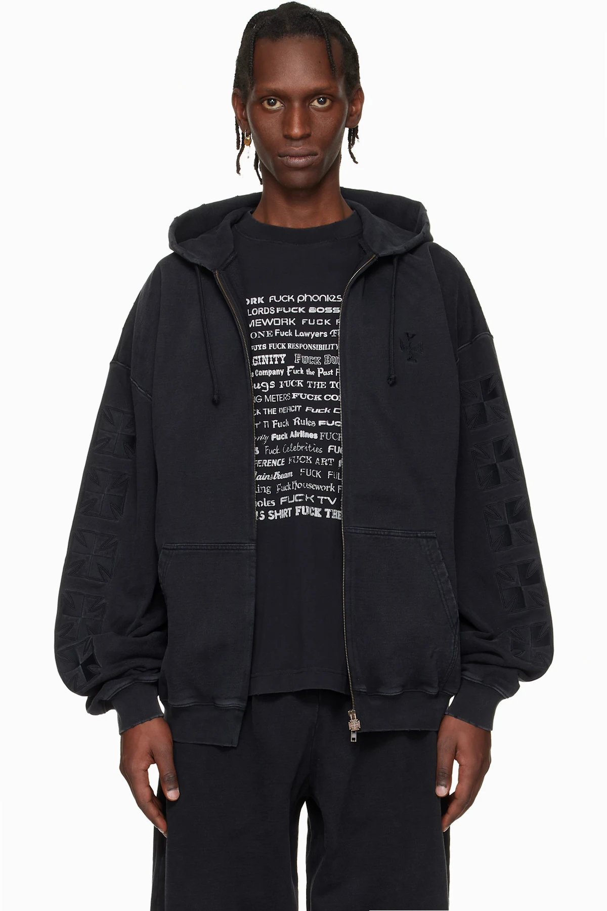 Black Embroidered Biker Cross Sleeves Zip-Up Hoodie