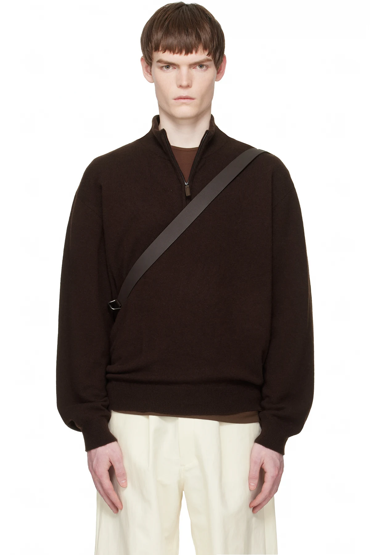 Brown Pure Cashmere Knit Half Zip LS Sweater