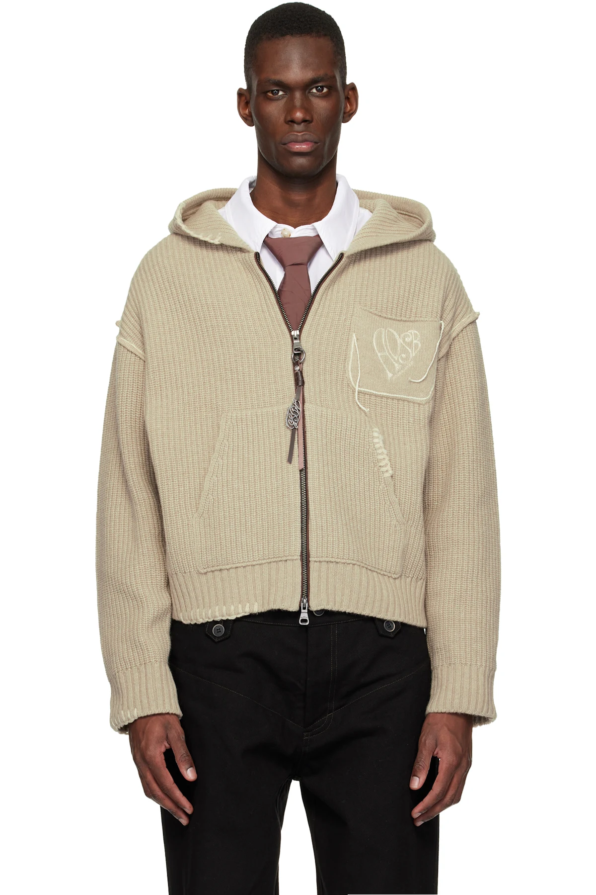 Beige Heart Logo Zip-Up Hoodie