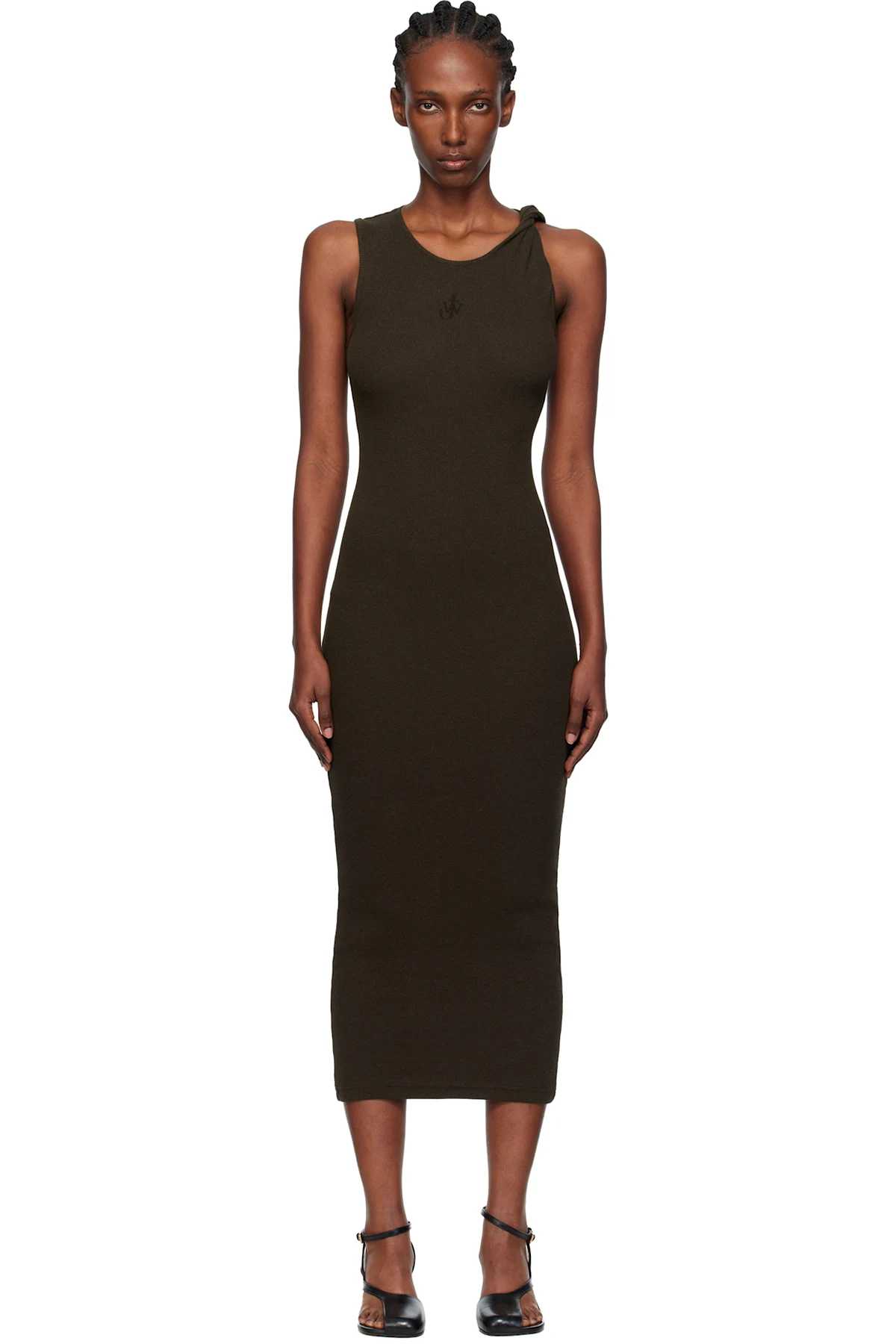 Brown Anchor Embroidery Twisted Strap Maxi Dress