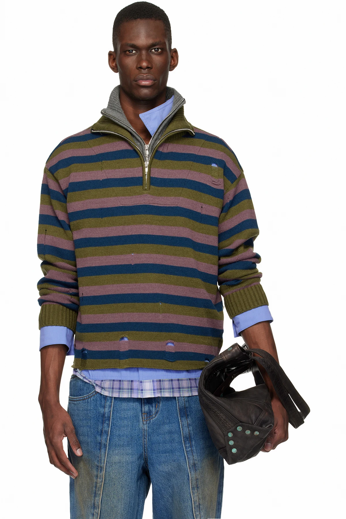 Blue & Gray Double Layered Stripe Half Zip-Up Sweater