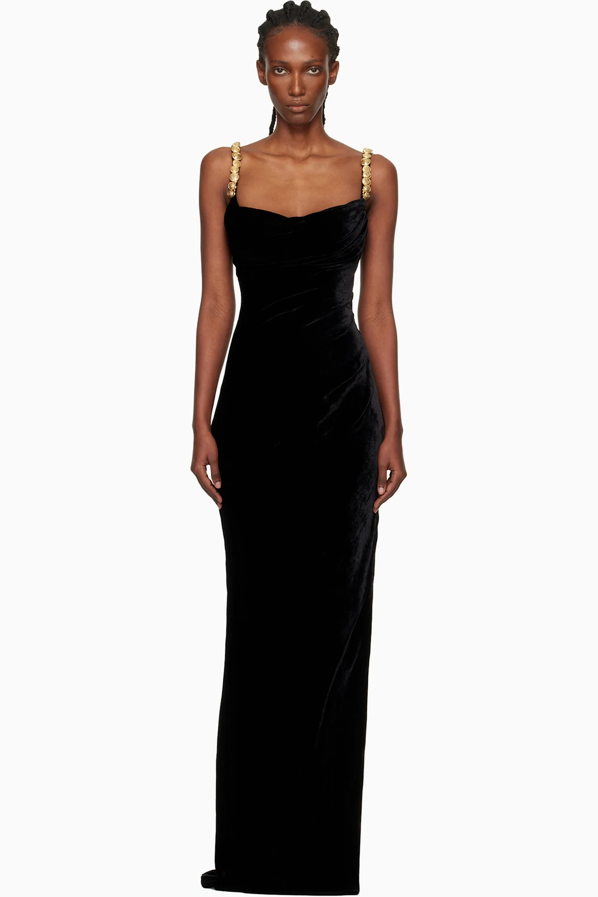 Black Embroidered Button Velvet Slit Maxi Dress