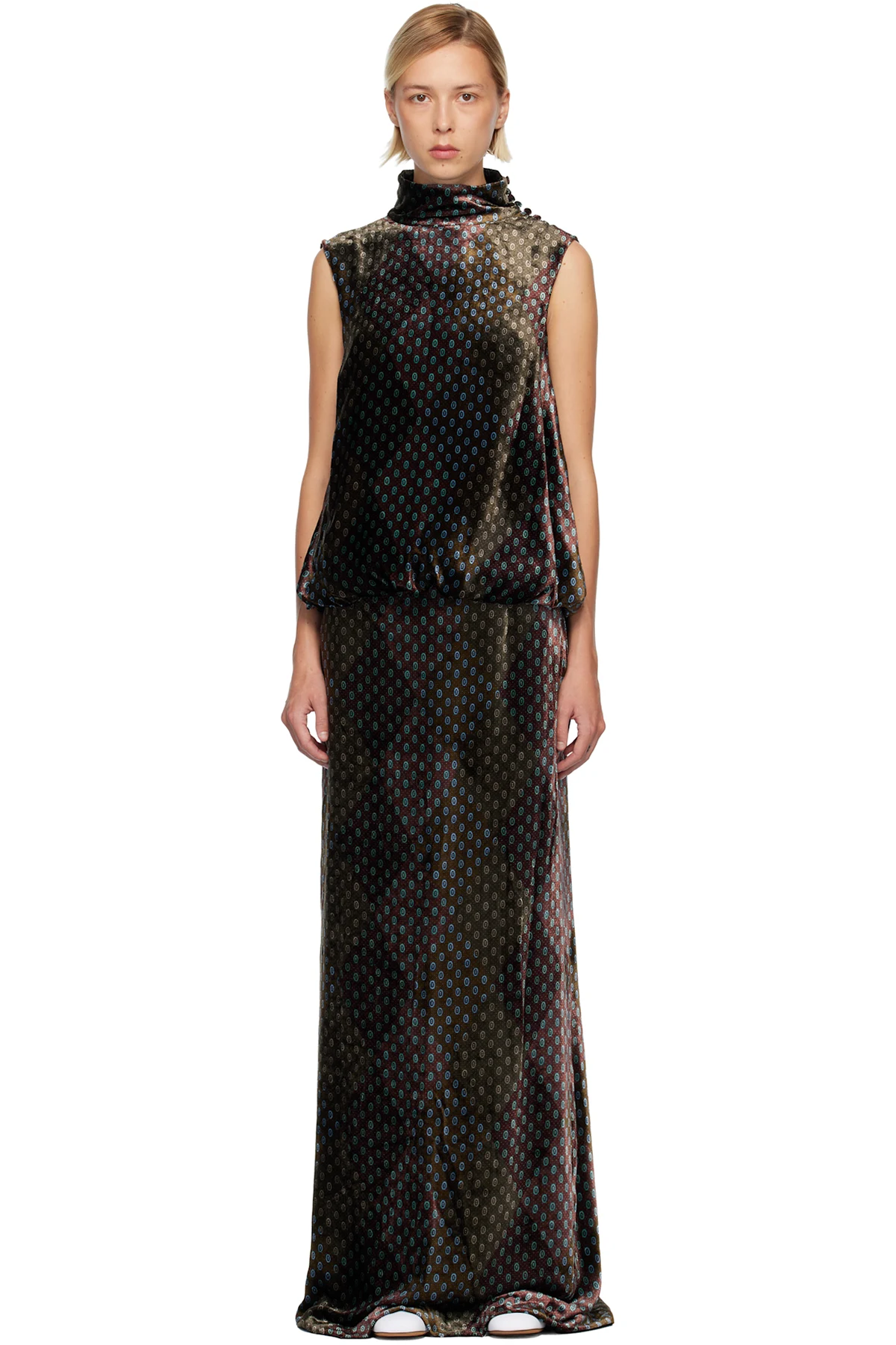 Khaki & Purple Printed Evening Maxi Dress