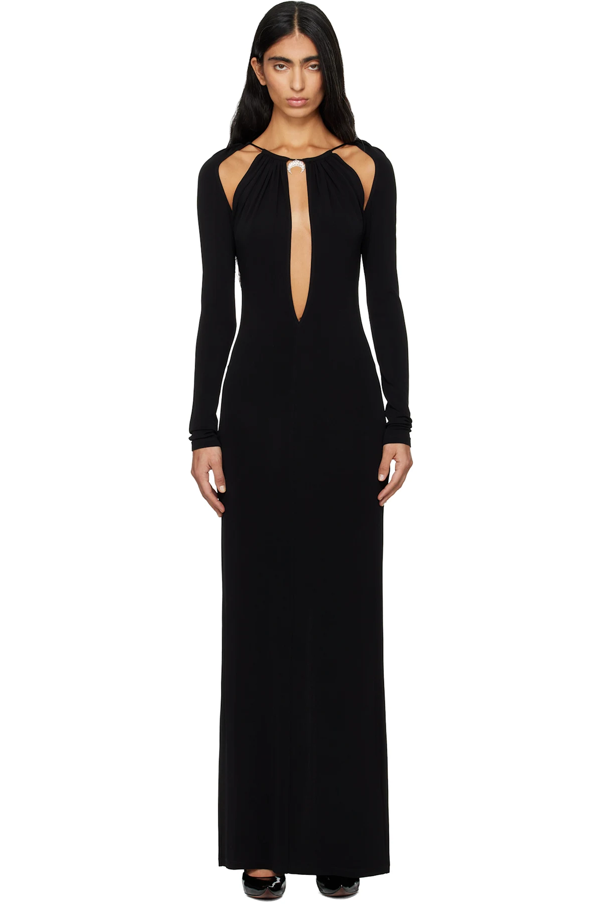 Black Draped Jersey Ls Maxi Dress