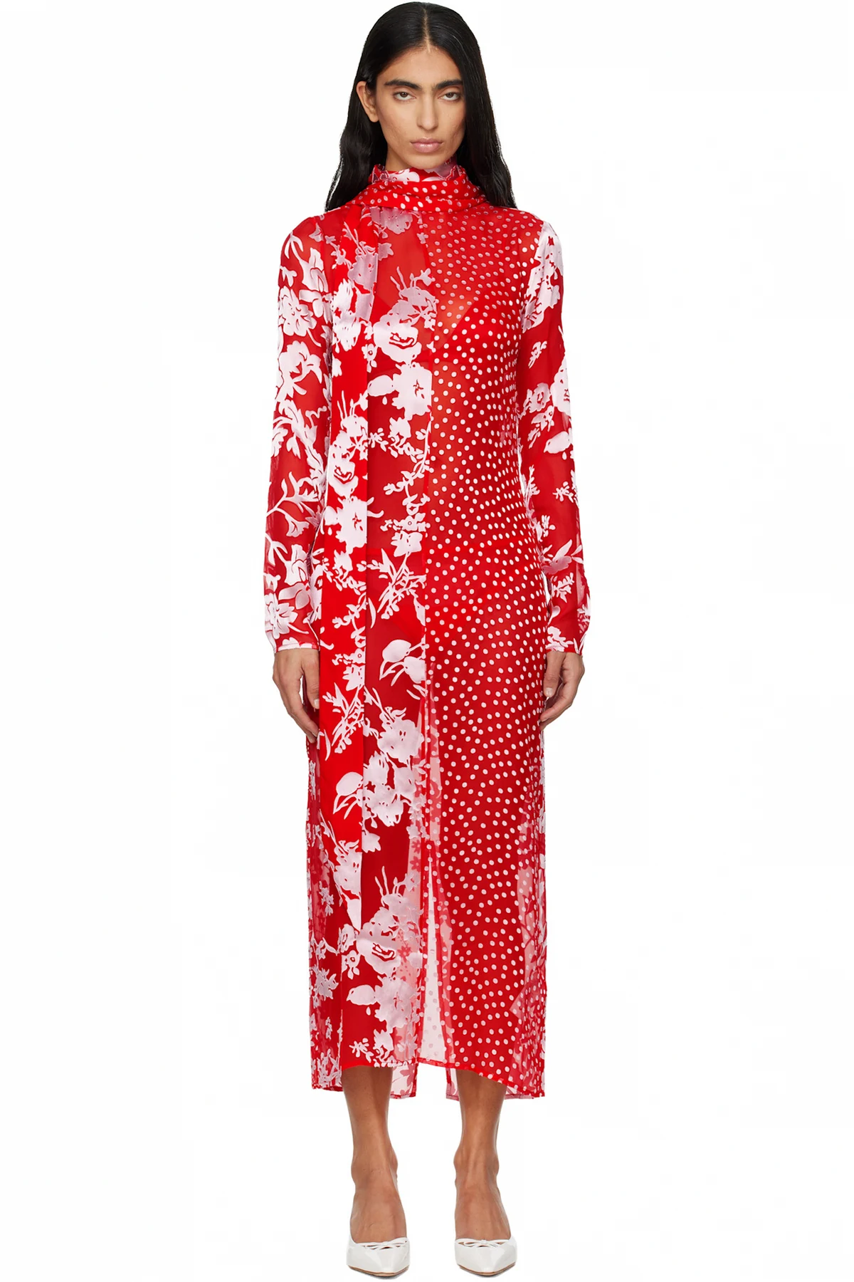 Red Regenerated Raso Silk Scarves Ls Maxi Dress