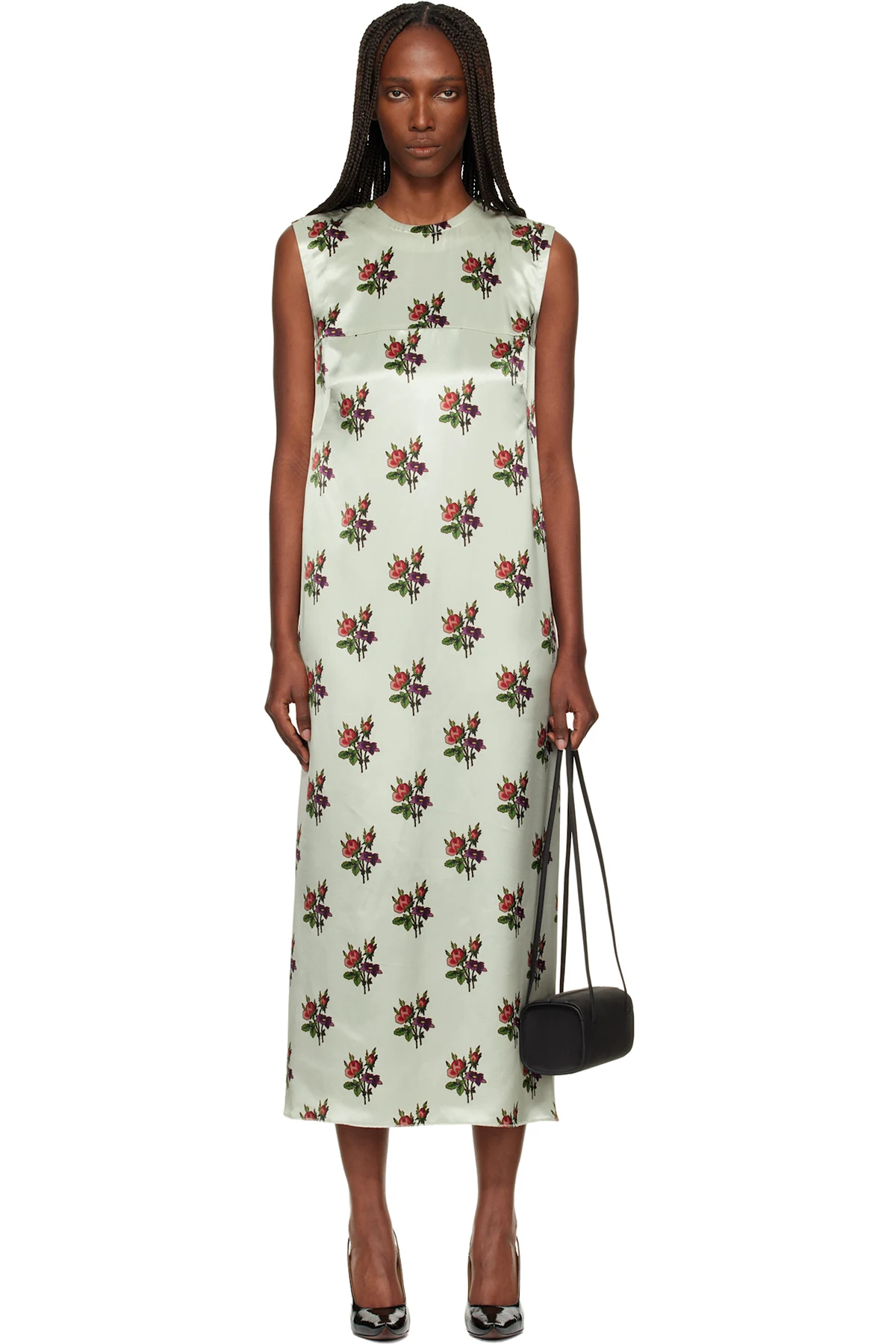 Green Floral Satin Shift Maxi Dress