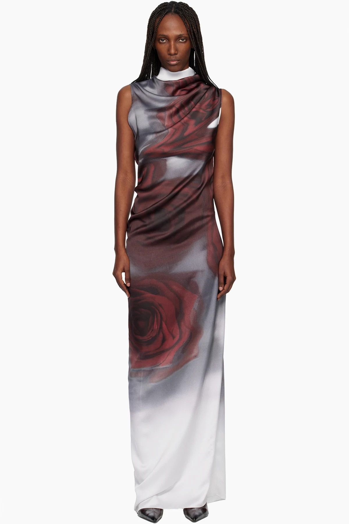 Gray & Red 'The Draped Blurry Roses' Maxi Dress