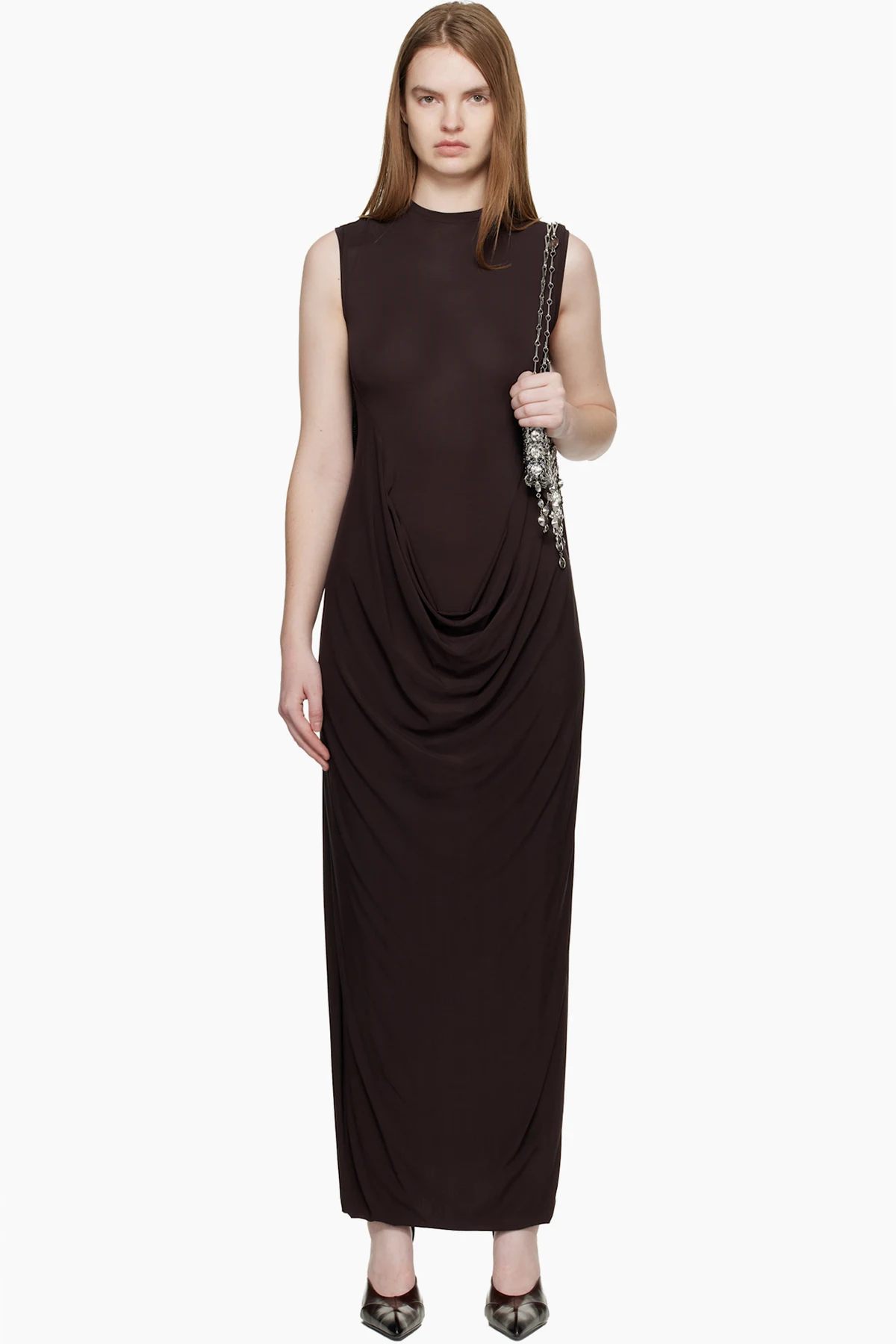 Brown Double Layer Draped Maxi Dress