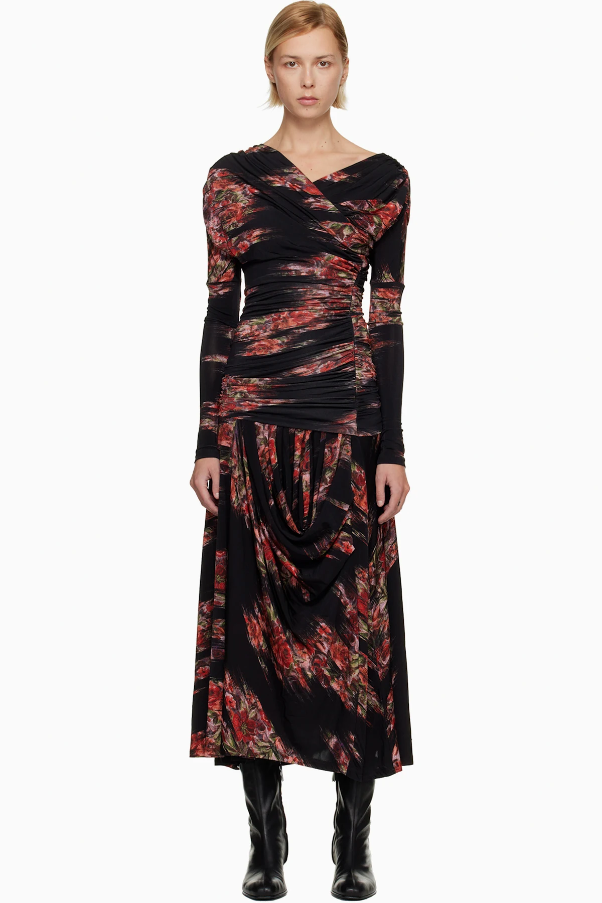 Black Floral Ruched Maxi Dress