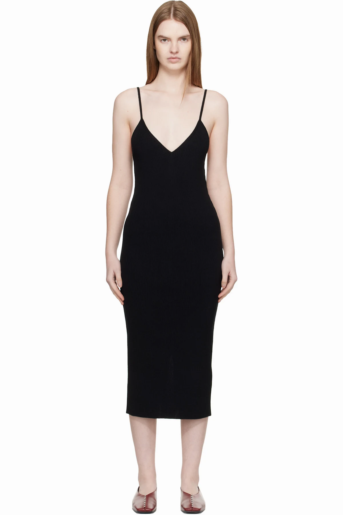 Black Merino Wool Fine Rib Midi Dress