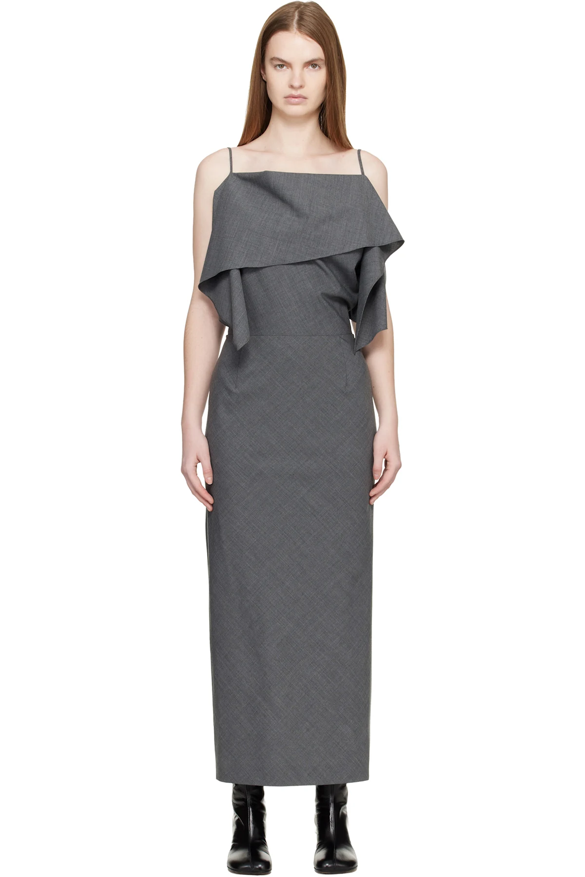 Gray Folded Wool Maxi Dress