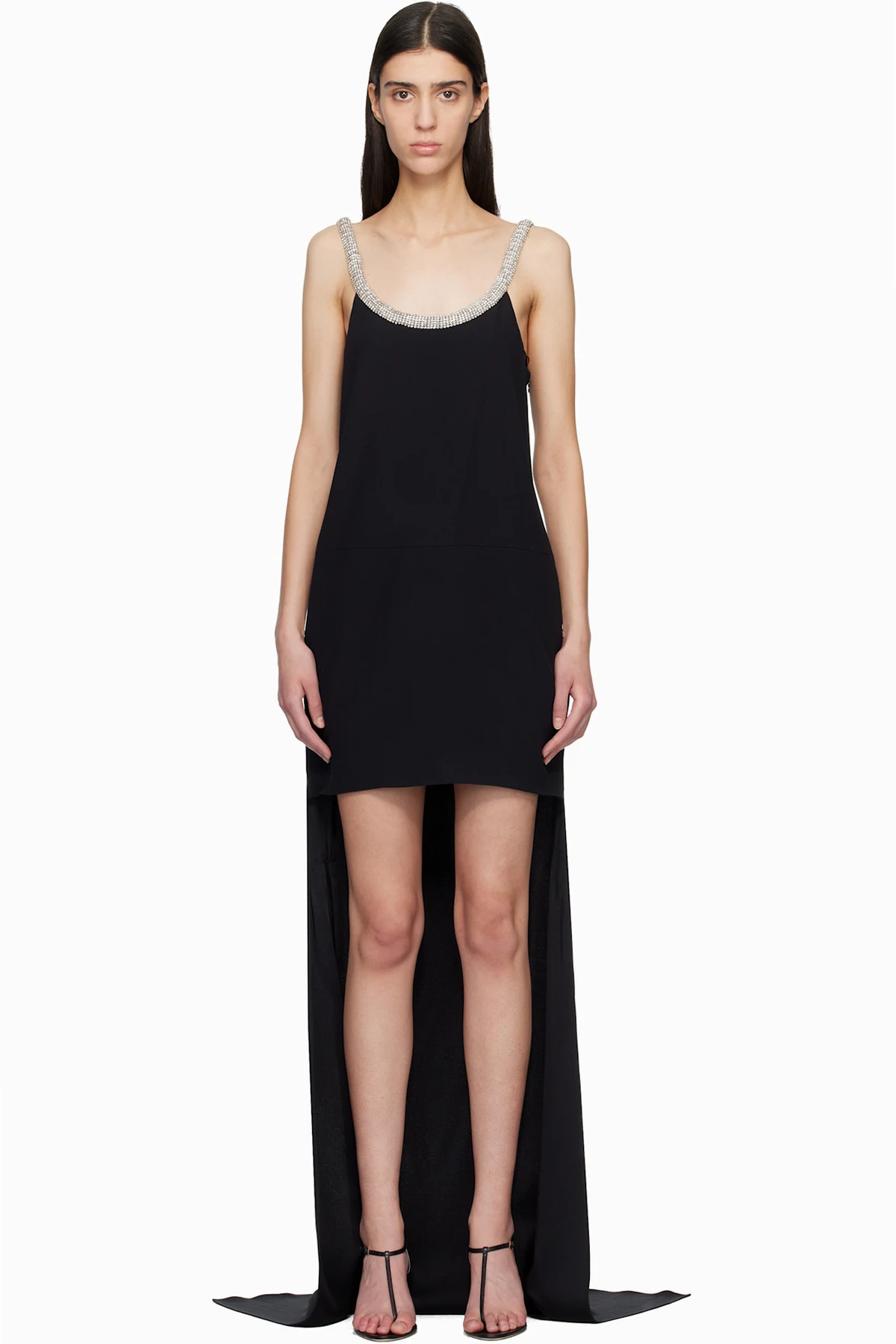 Black Crystal Embroidery Sleeveless Asymmetric Cocktail Maxi Dress