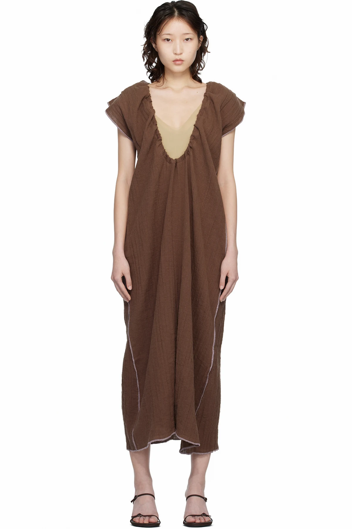Brown Max Crinkle Linen Maxi Dress