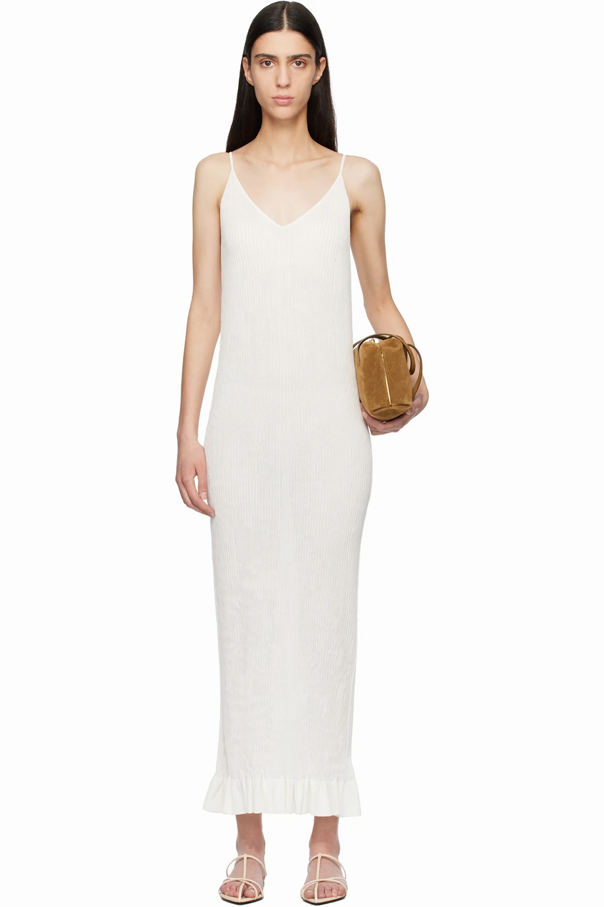 Off-White Smocked Fine Rib Frill Detail Maxi Dress