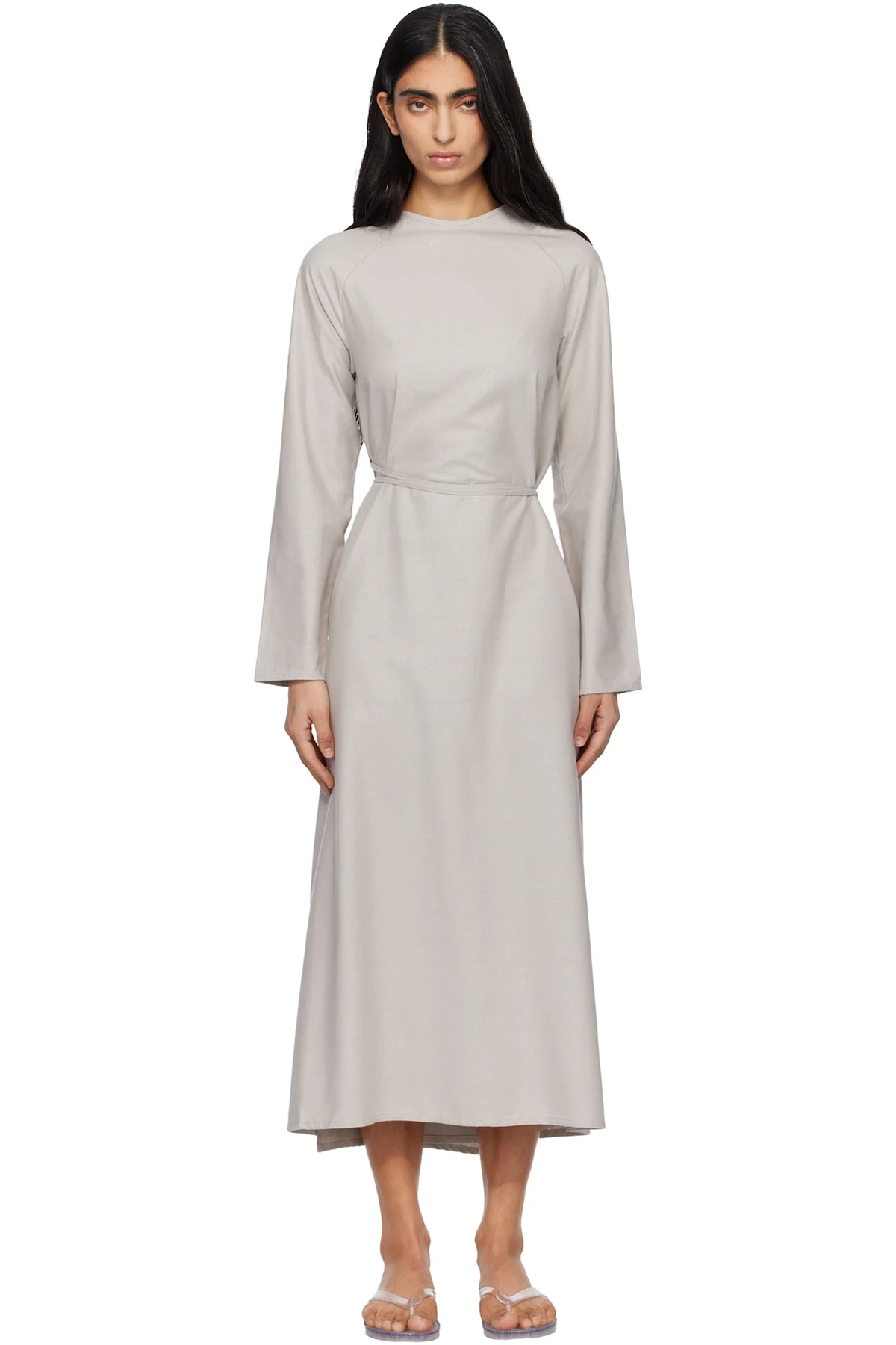 Taupe Long Sleeve Apron Maxi Dress
