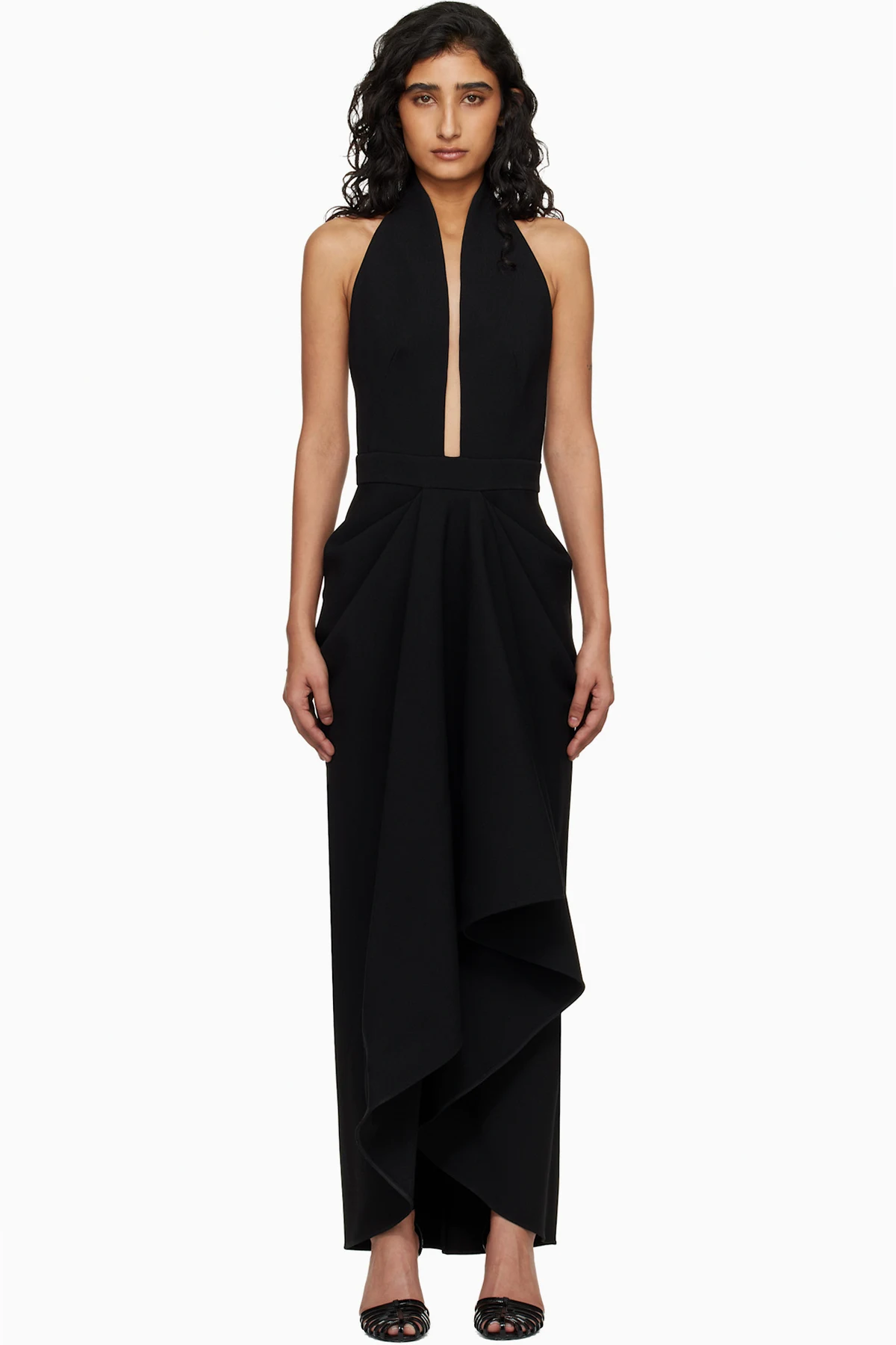 Black Draped Wool Maxi Dress