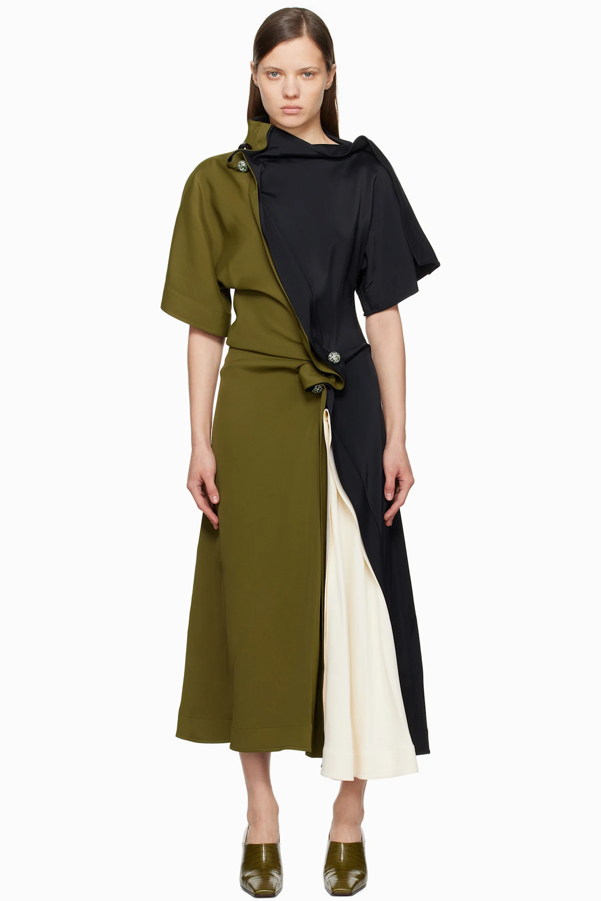 Black & Khaki Fluid Viscose Piercing Maxi Dress