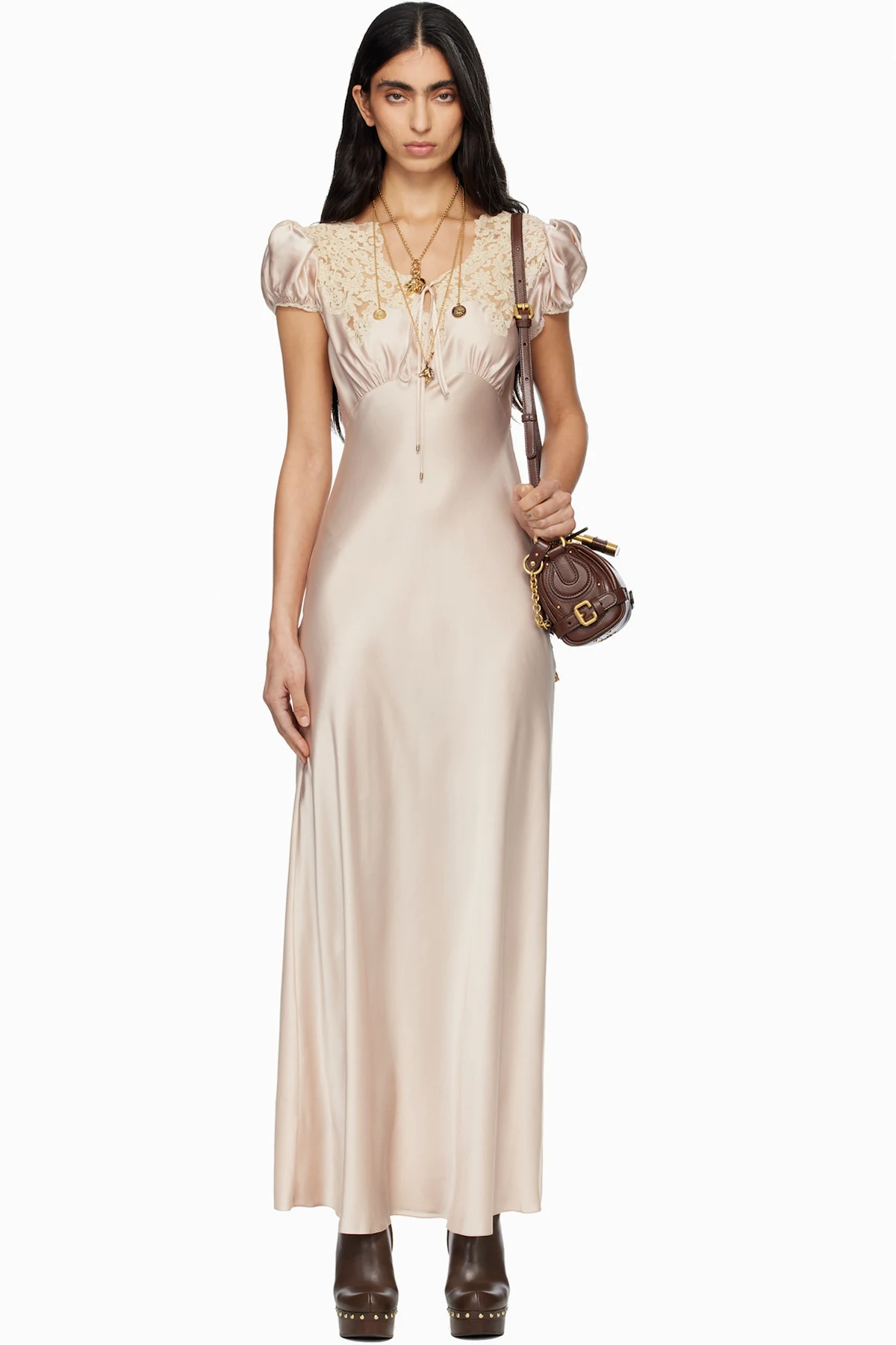 Pink Puff-Sleeve Column Washed Silk Satin & Lace Maxi Dress