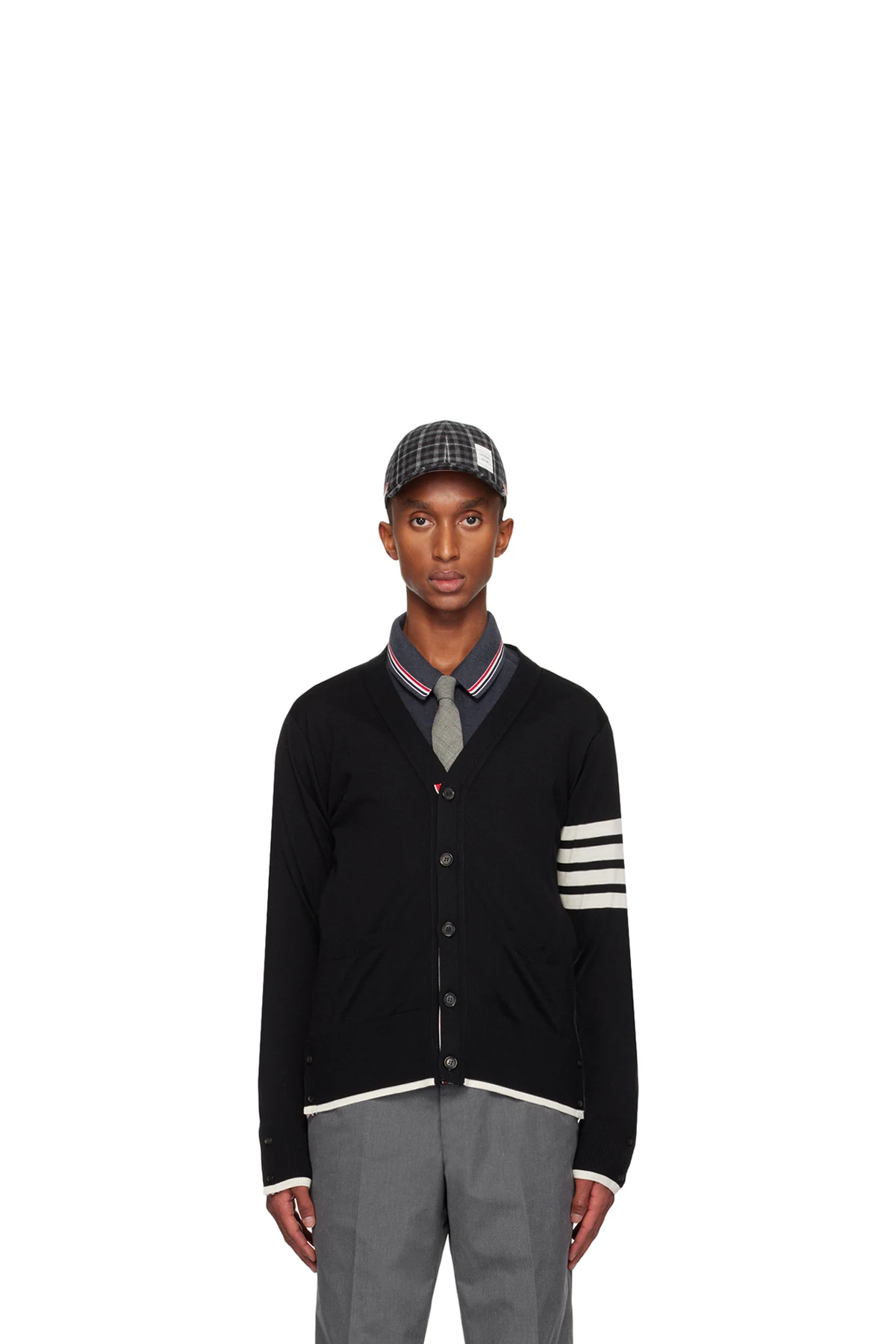 Black Fine Wool 4-Bar Relaxed Fit Cardigan