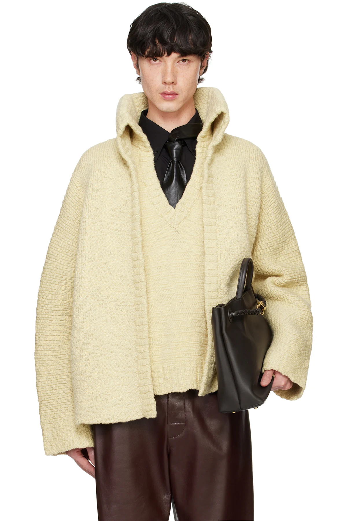 Yellow Textured Wool Double Layer Cardigan