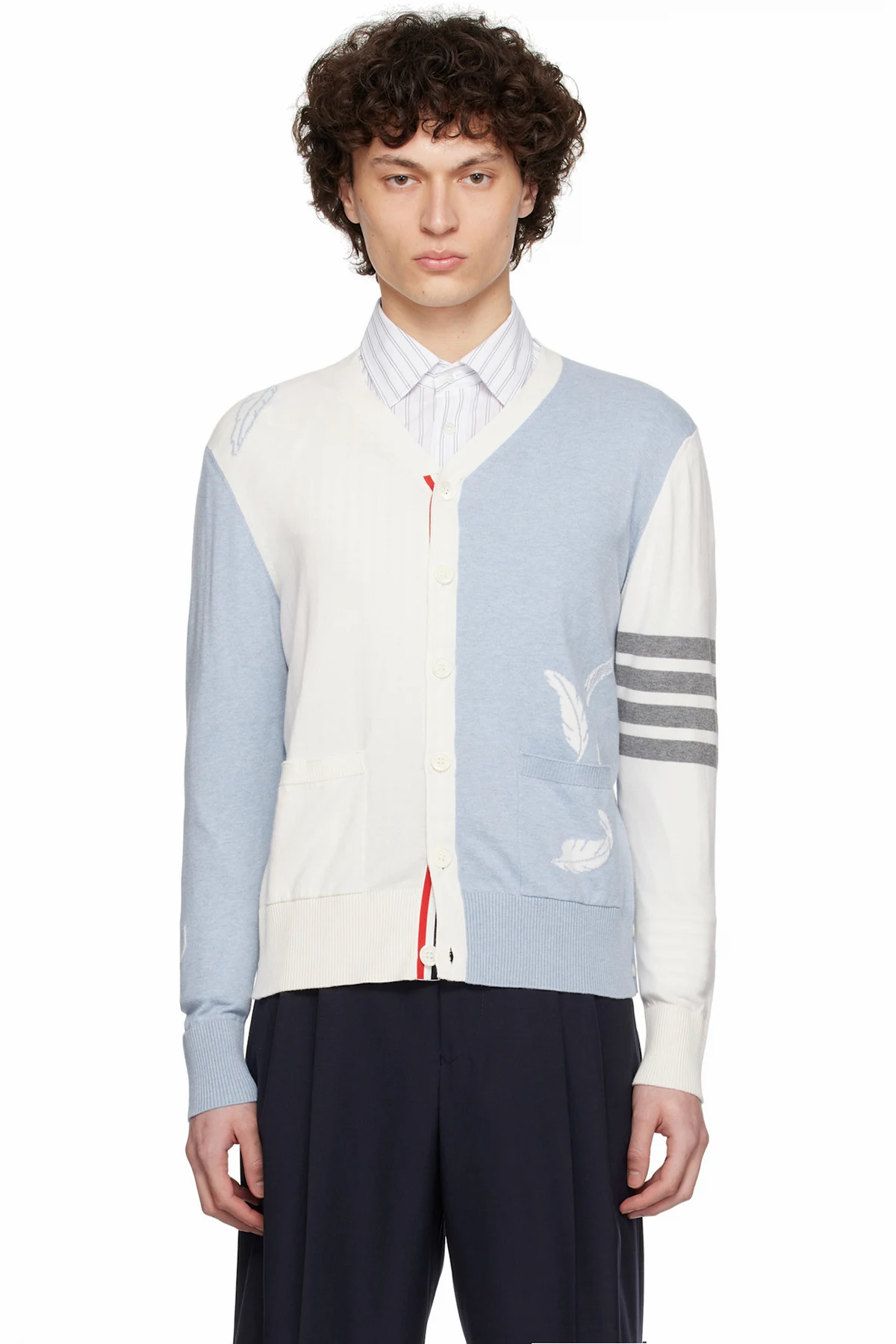 Off-White & Blue Feather High V-Neck Cardigan