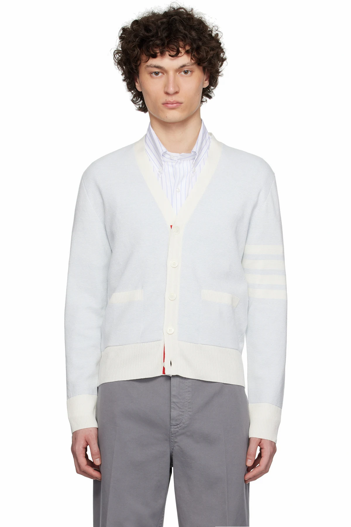Blue Linen Cotton 4-Bar Relaxed Fit Cardigan