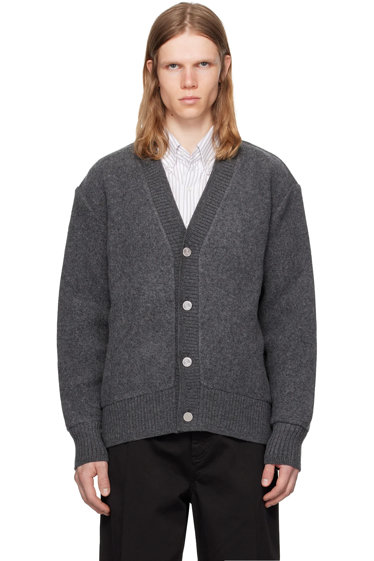 Gray Wool Fleece Oversized V Neck Cardigan