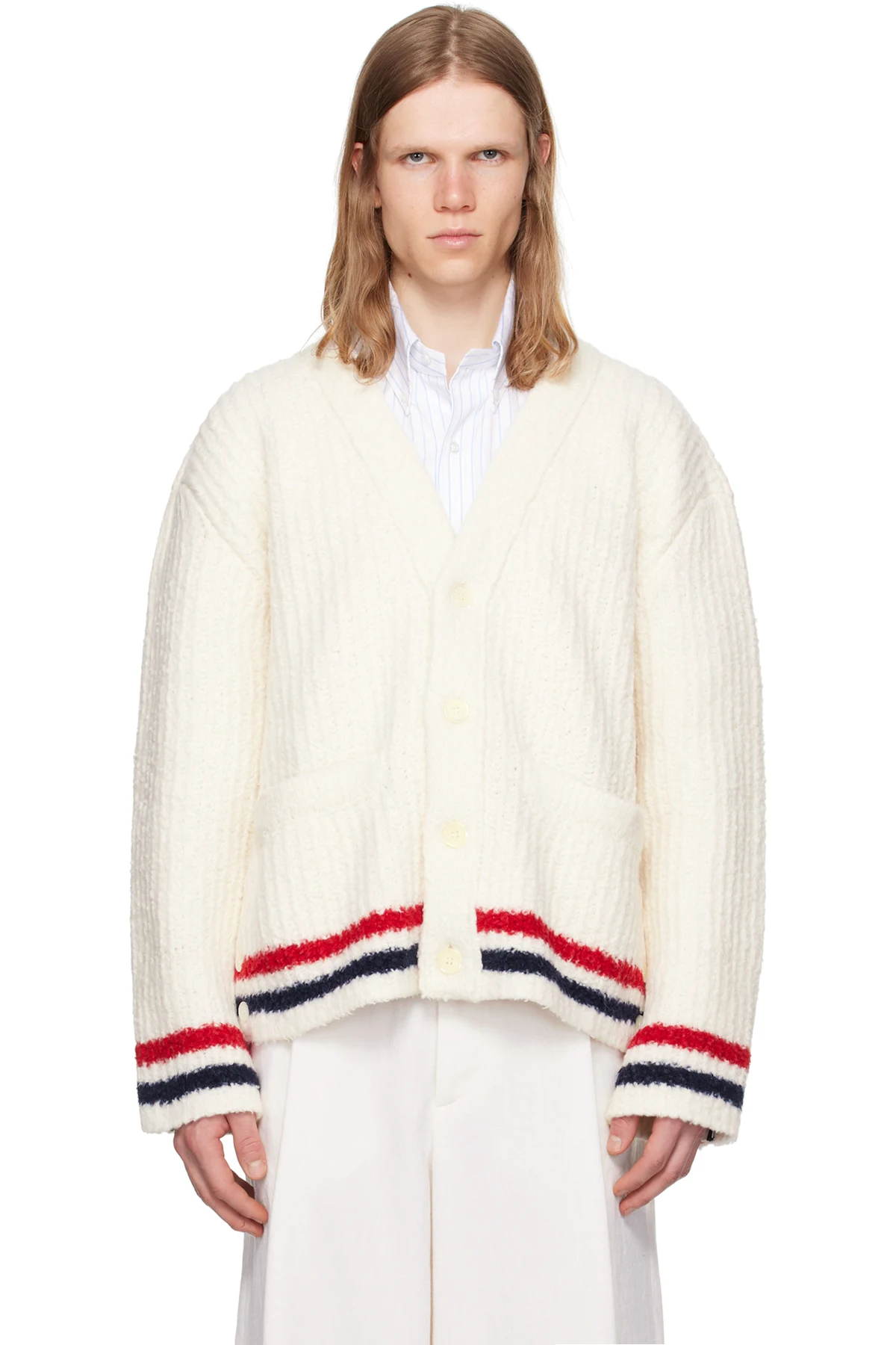 White Chunky Rib Stitch V Neck Cardigan