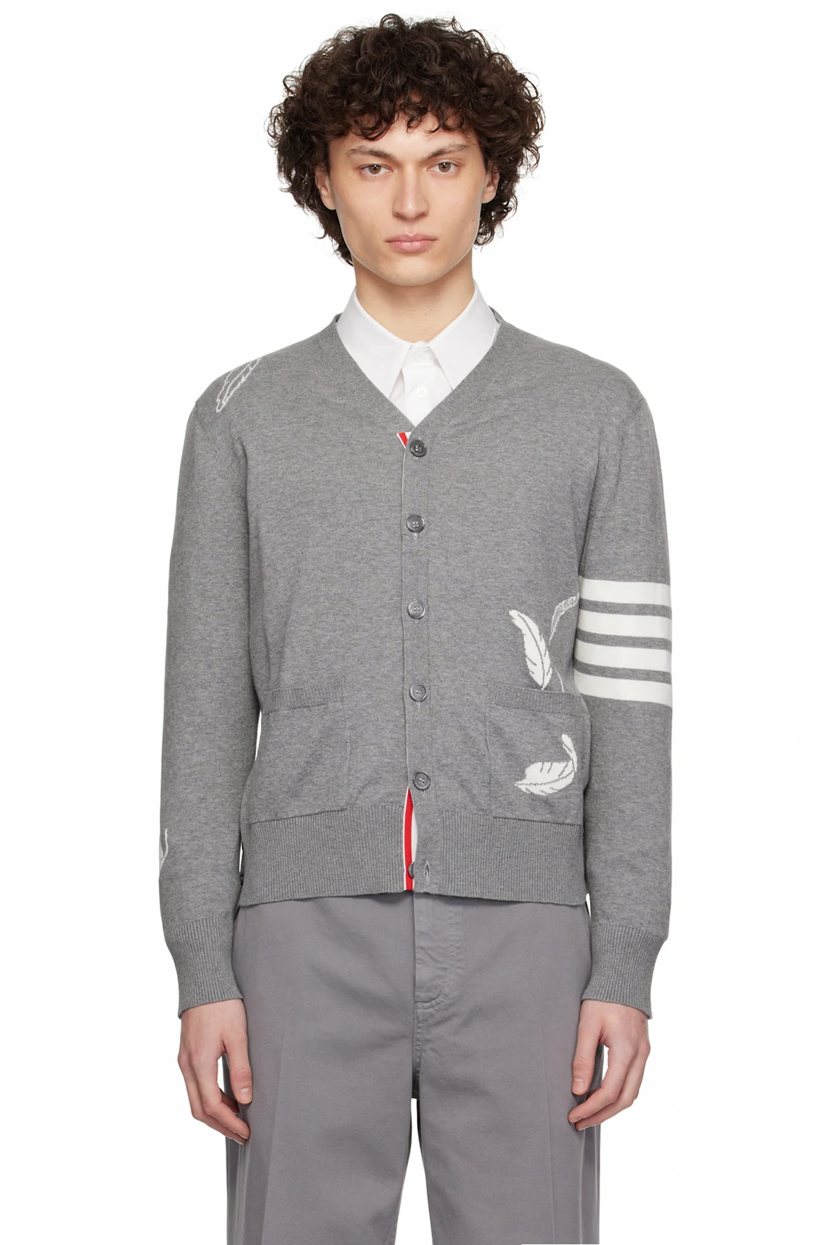 Gray Feather High V-Neck Cardigan