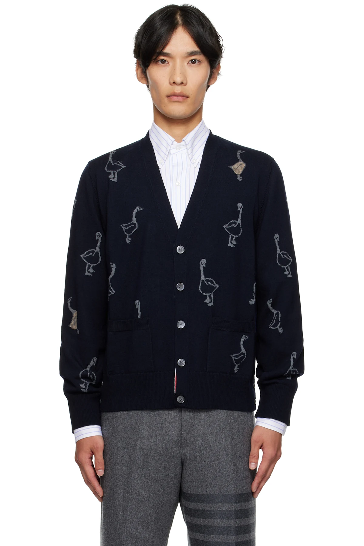 Navy Geese Intarsia Merino Relaxed Fit Cardigan