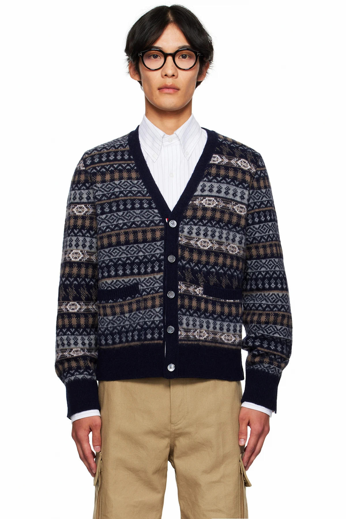 Navy Funmix Fair Aile Jacquard V-Neck Cardigan