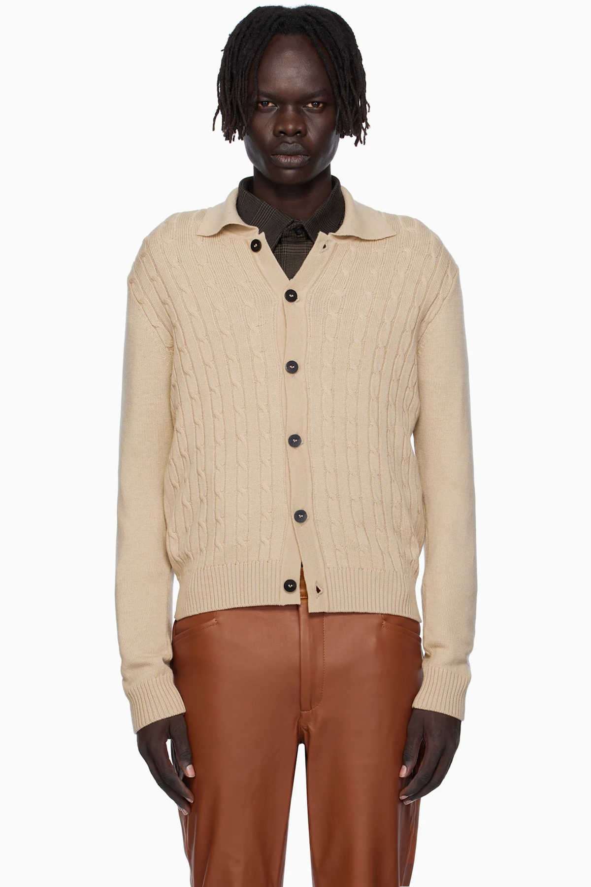 Beige Cable-Knit Polo Cardigan