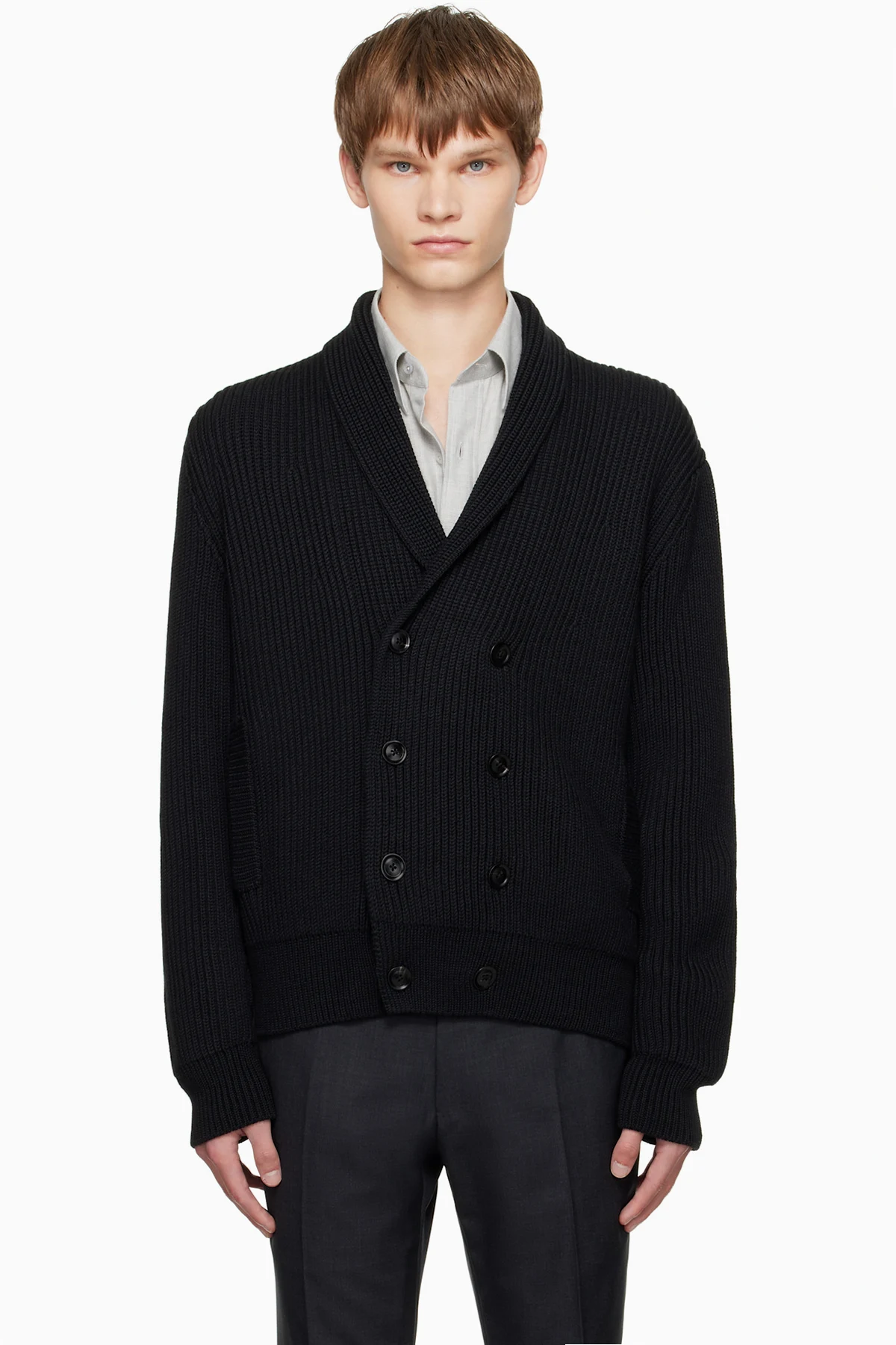 Black Wool Silk Shawl Collar Cardigan