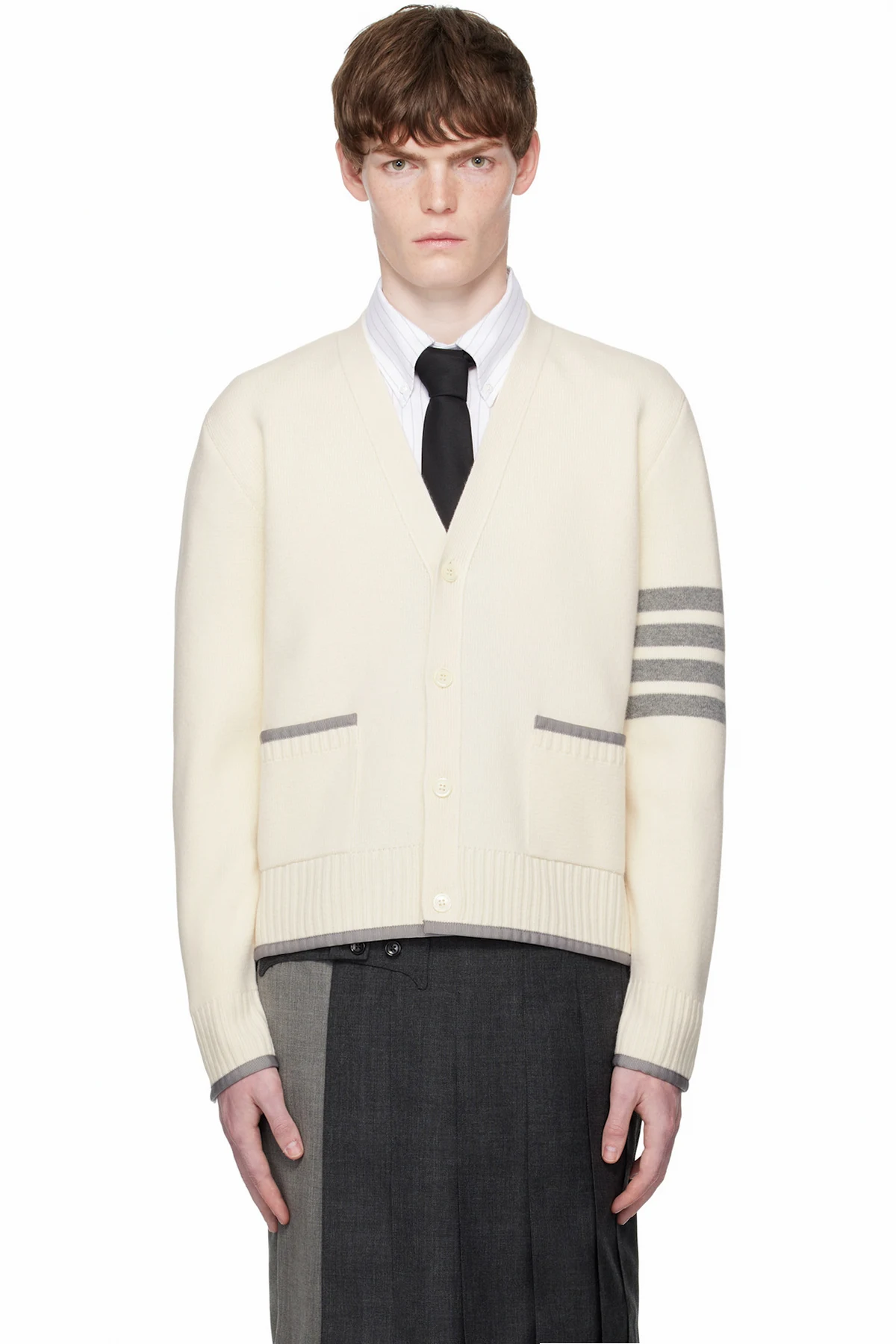 Off-White Milano Stitch Merino Wool 4-Bar V-Neck Cardigan