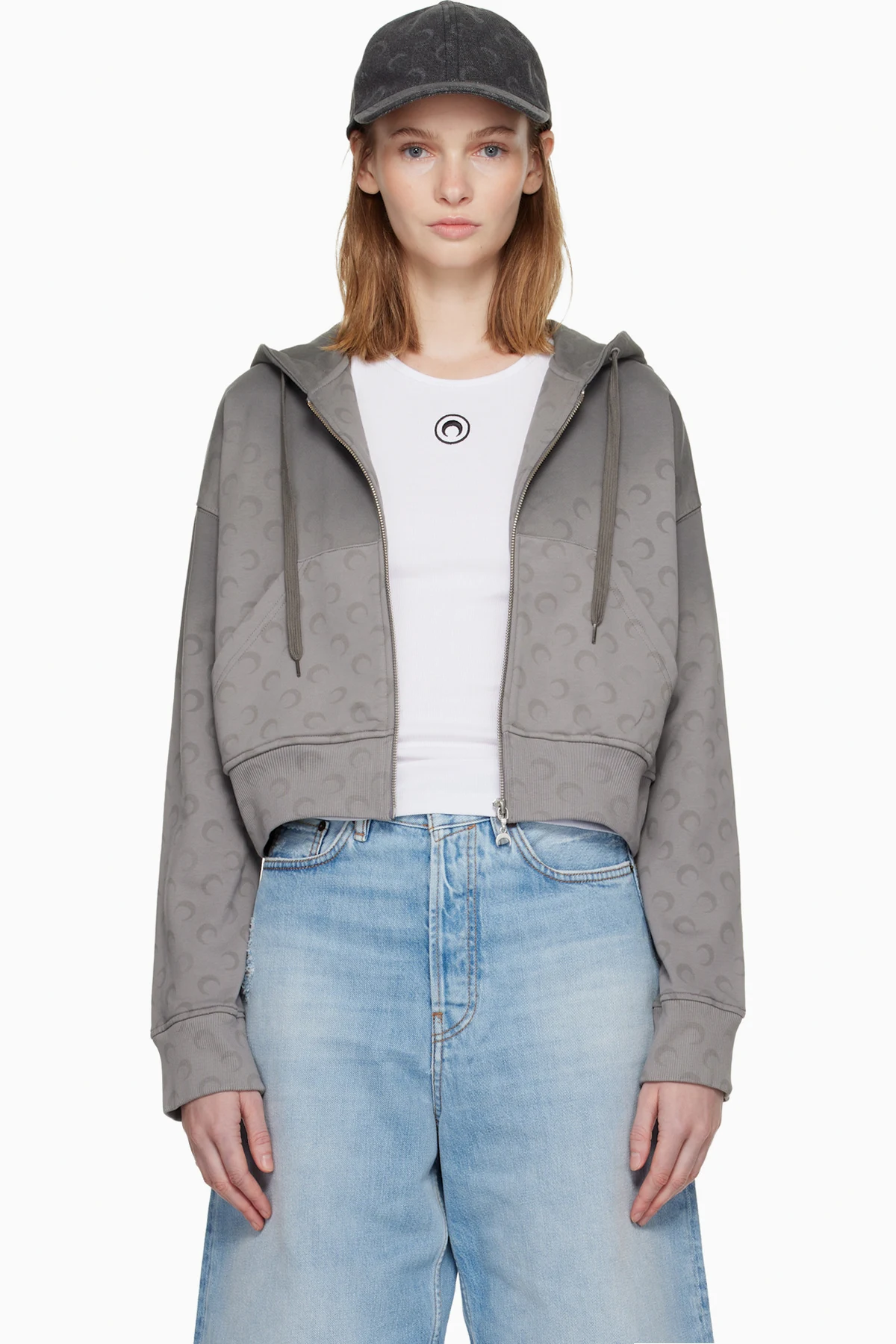Gray Faded Moon Fleece Cropped Zipped Hoodie