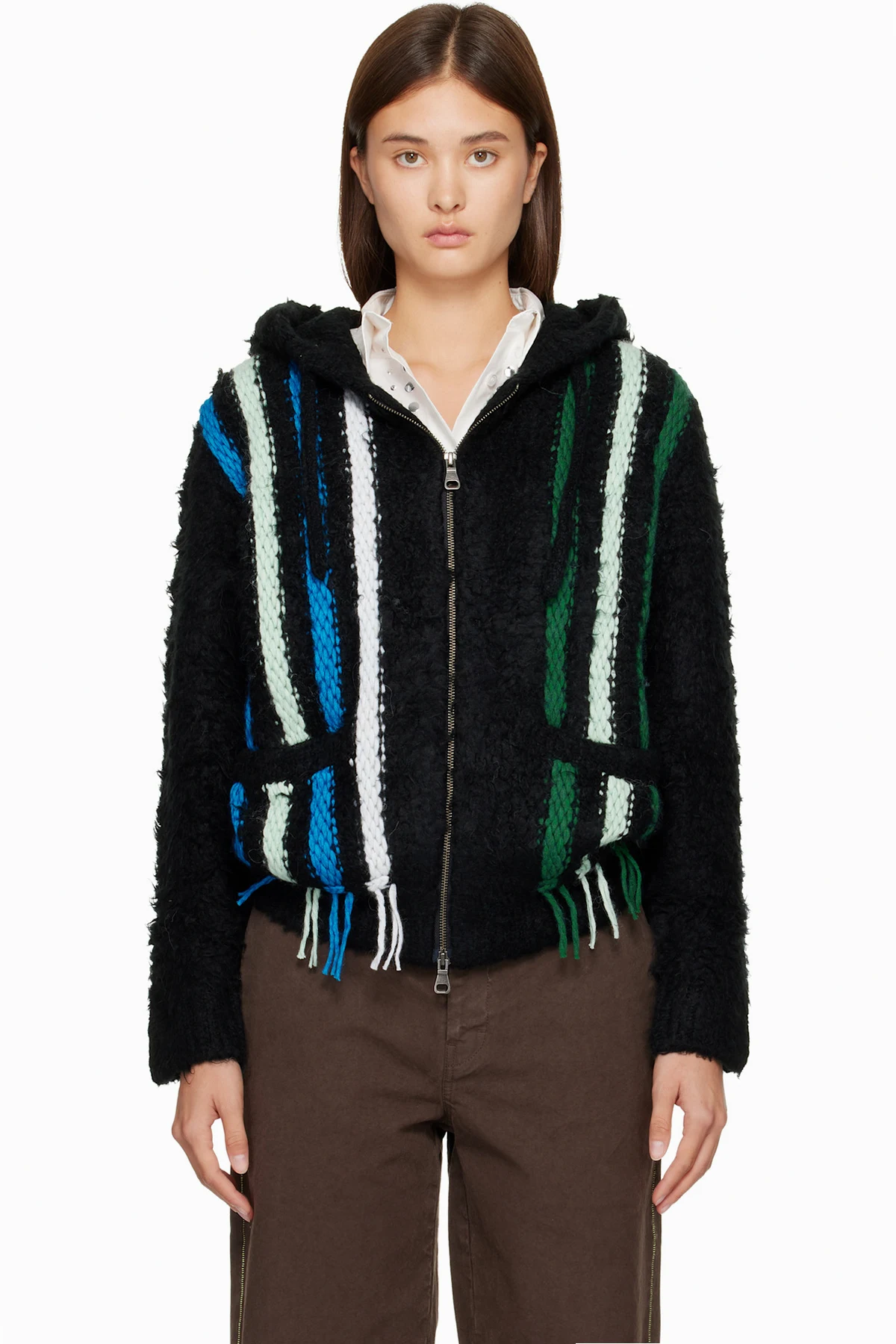 Black Reverse Stripe Knit Hoodie